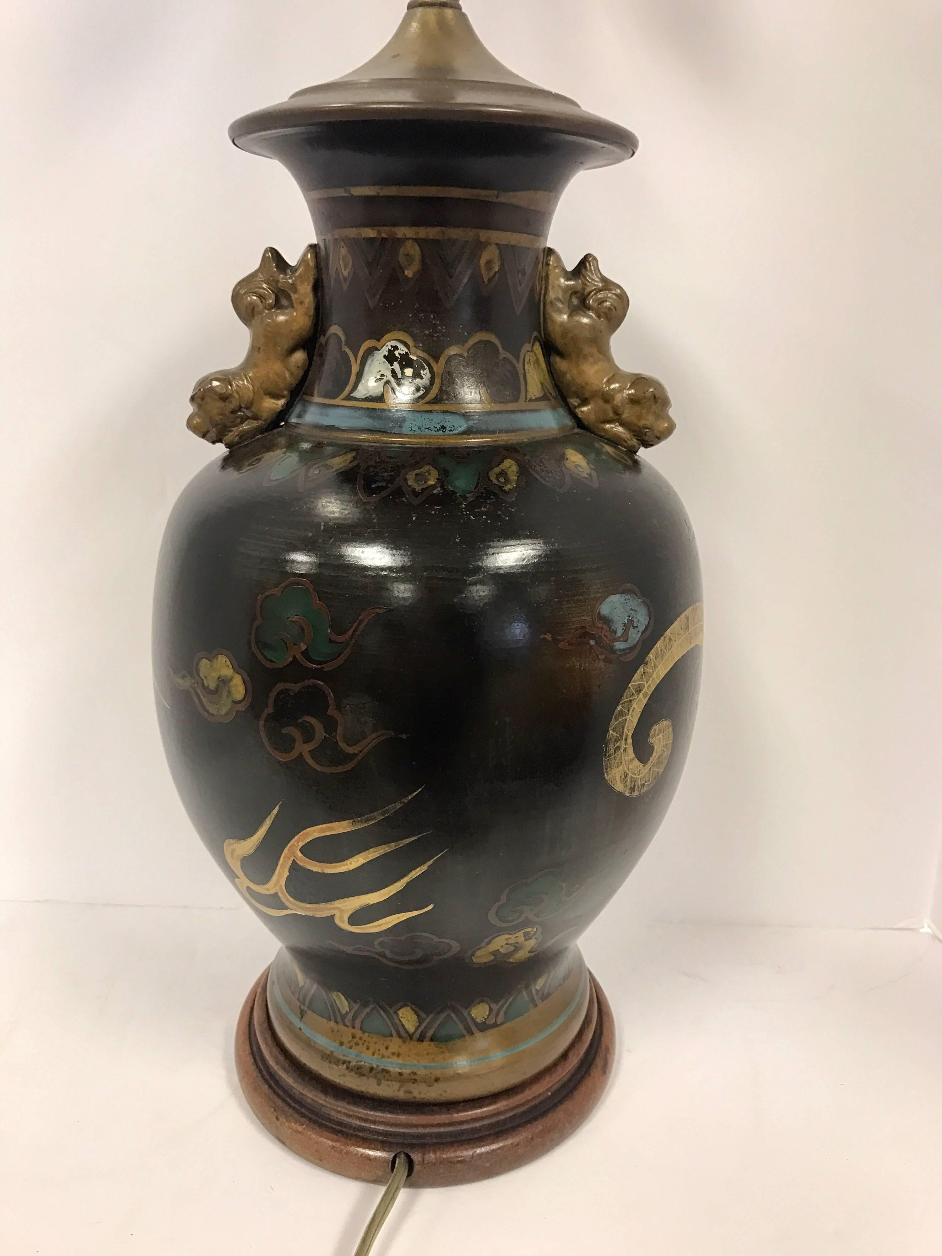 Chinese Black Porcelain Dragon Lamp with Foo Dog Handles 1