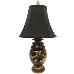 Chinese Black Porcelain Dragon Lamp with Foo Dog Handles