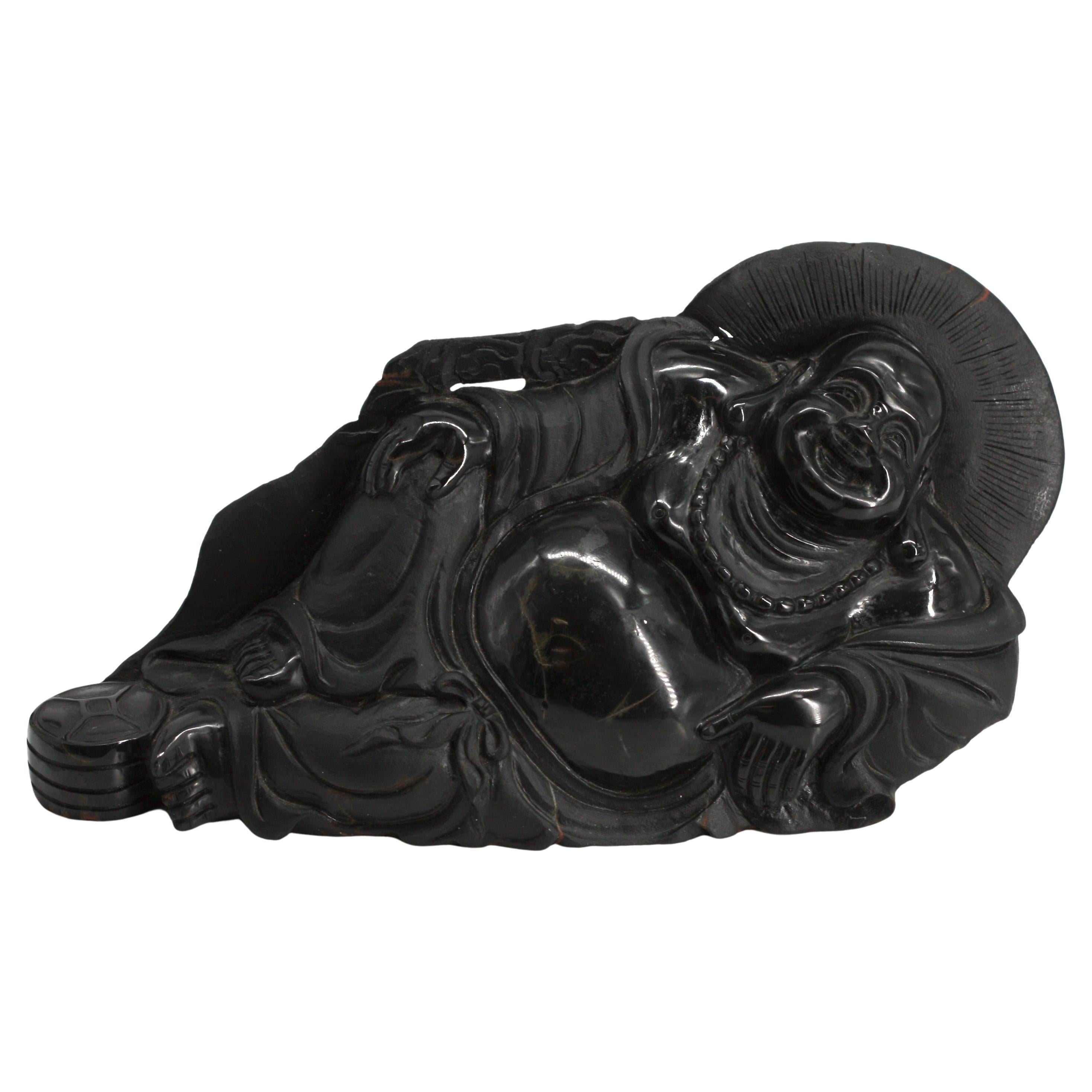 Chinese Black Stone Reclining Happy Buddha For Sale