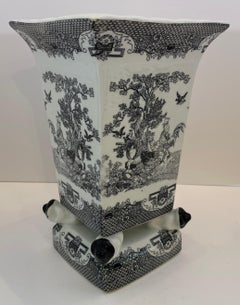 Chinese Black & White Porcelain Vase, Figural Rooster Garden Scene