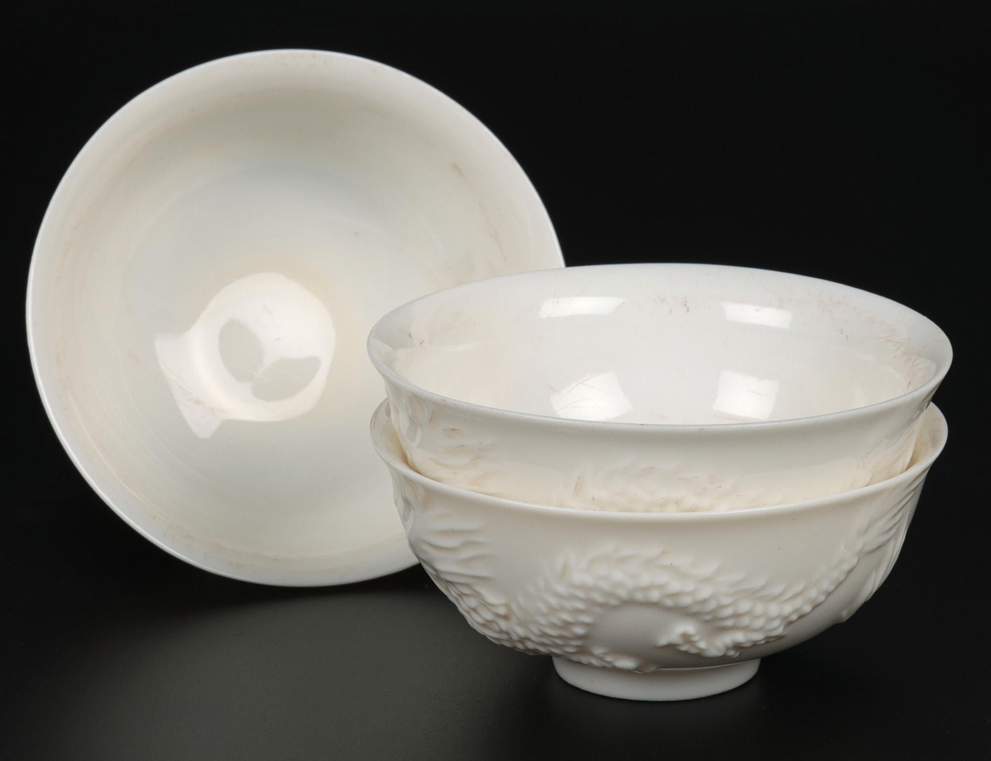 Chinese Blanc de Chine Dueling Dragon Molded Tea Bowls For Sale 6
