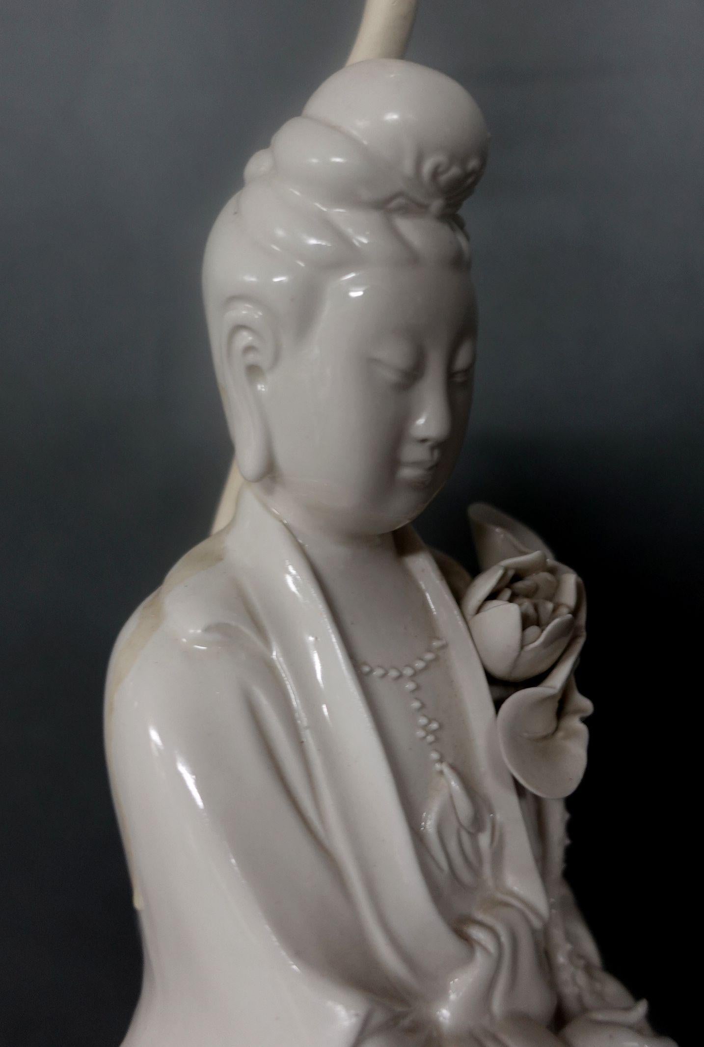 Chinese Blanc De Chine Figure of Quanyin Mounted as a Lamp For Sale 5