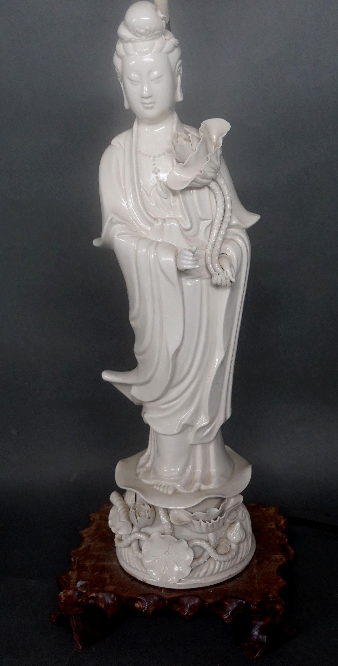 Hand-Crafted Chinese Blanc De Chine Figure of Quanyin Mounted as a Lamp For Sale