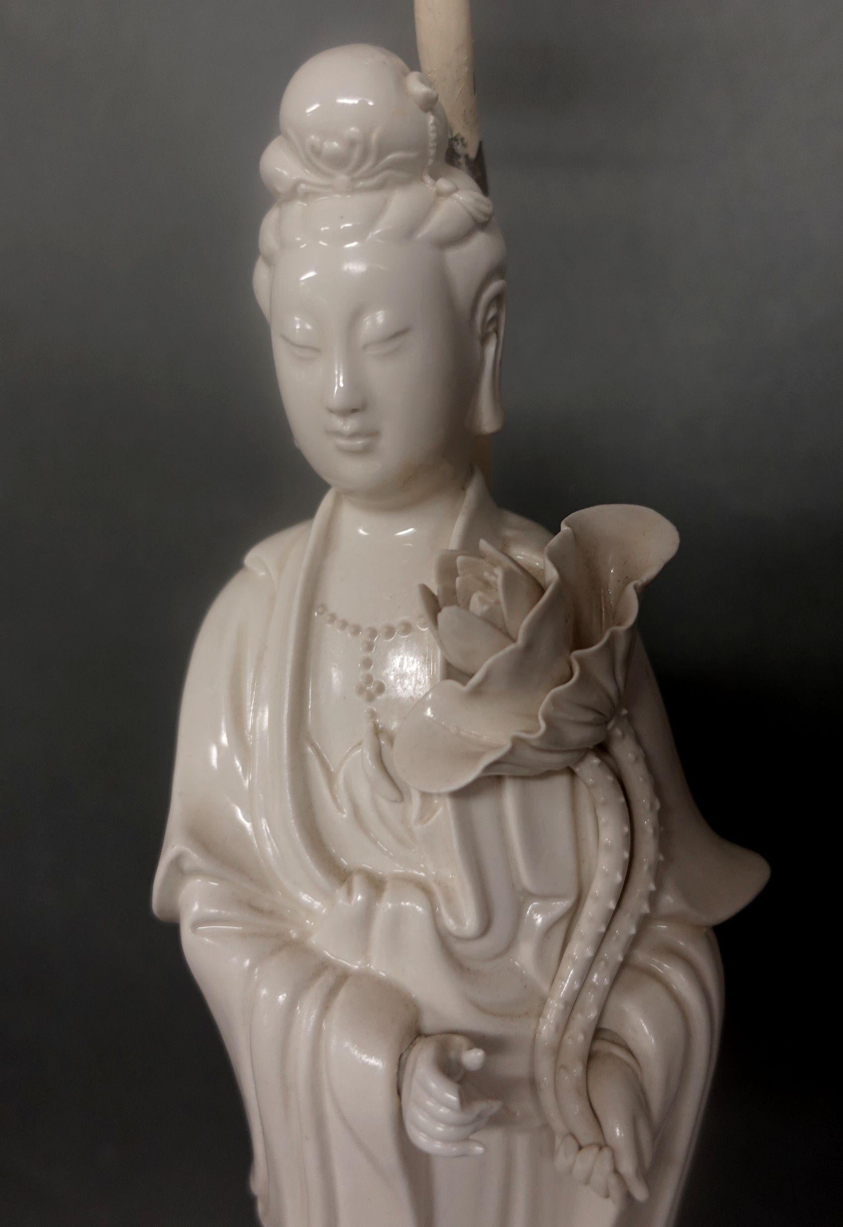 Chinese Blanc De Chine Figure of Quanyin Mounted as a Lamp In Good Condition For Sale In Norton, MA