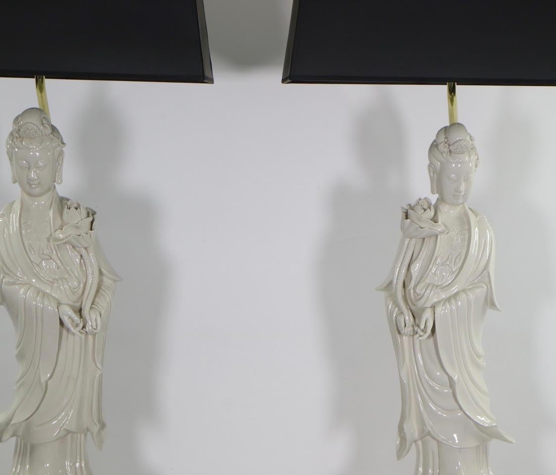 Chinese Export Chinese Blanc De Chine Porcelain Guanyin Table Lamps