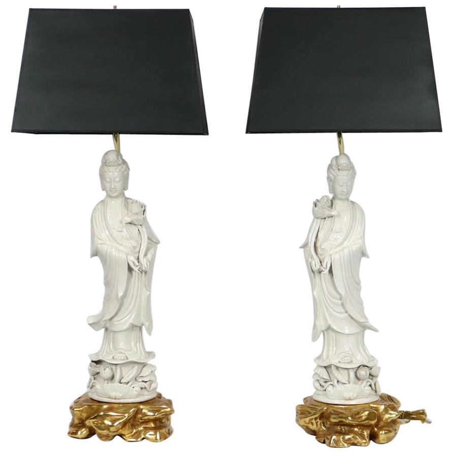 Chinese Blanc De Chine Porcelain Guanyin Table Lamps