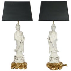 Antique Chinese Blanc De Chine Porcelain Guanyin Table Lamps