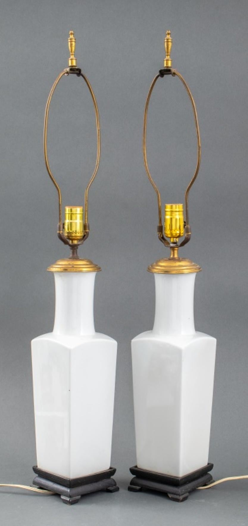 Pair of Chinese blanc de chine ceramic porcelain bottle vases mounted as lamps, the vessels with quadratic bodies and cylindrical tapered necks, mounted upon ebonized wood stands. Each: 32.25