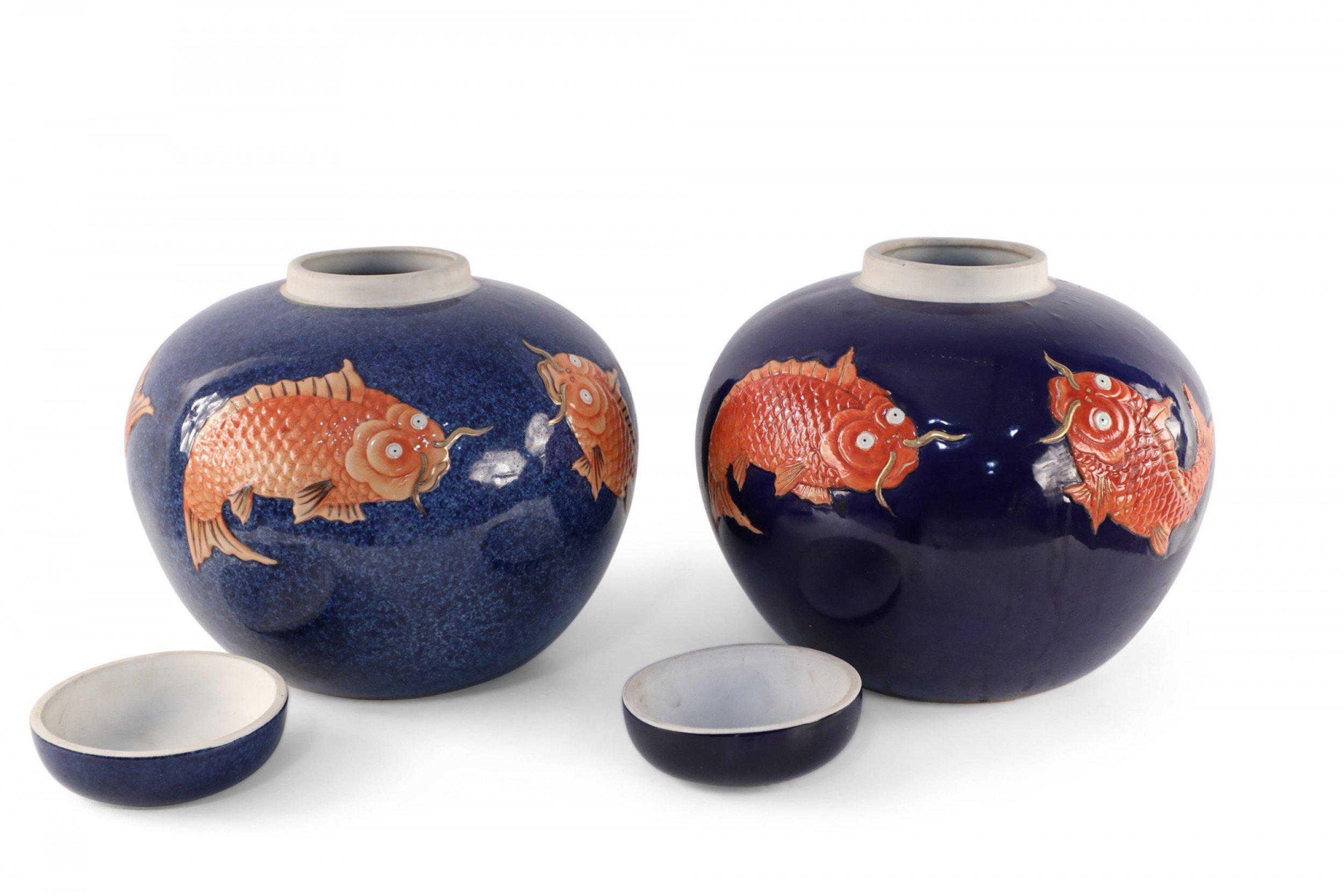 Chinese Export Chinese Blue and Orange Fish Design Round Lidded Porcelain Jars For Sale