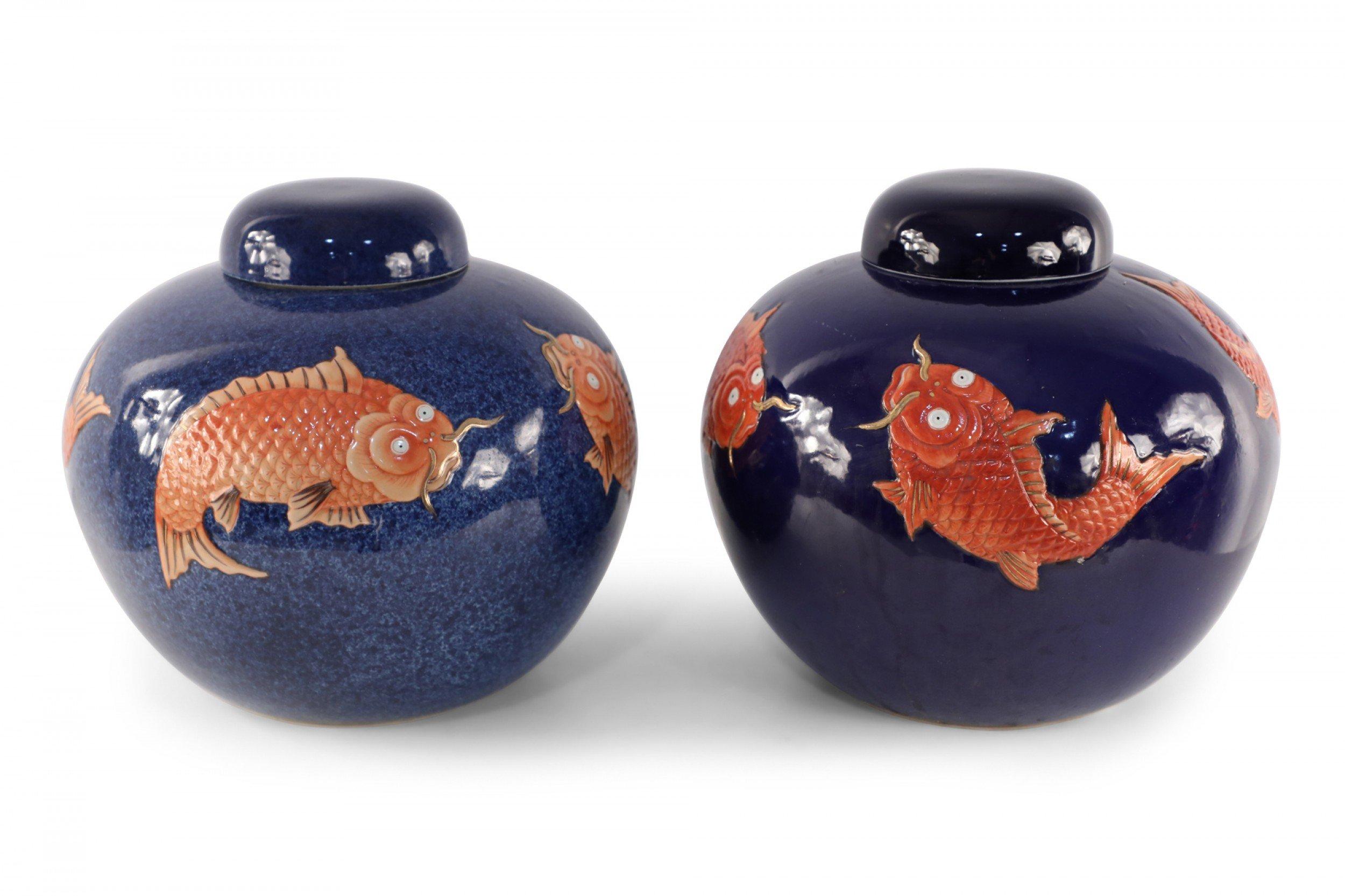Chinese Blue and Orange Fish Design Round Lidded Porcelain Jars In Good Condition For Sale In New York, NY