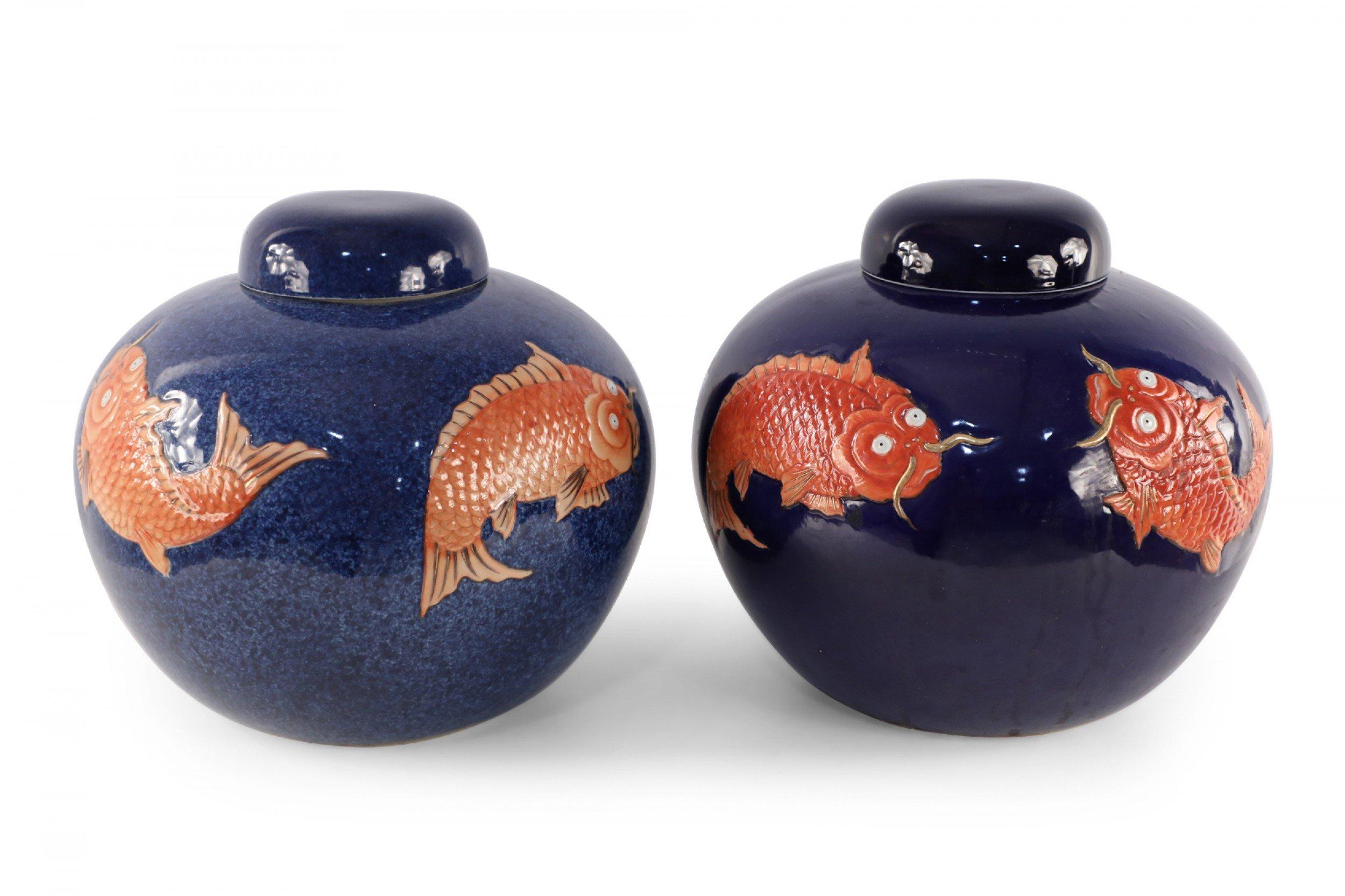 Chinese Blue and Orange Fish Design Round Lidded Porcelain Jars For Sale 2