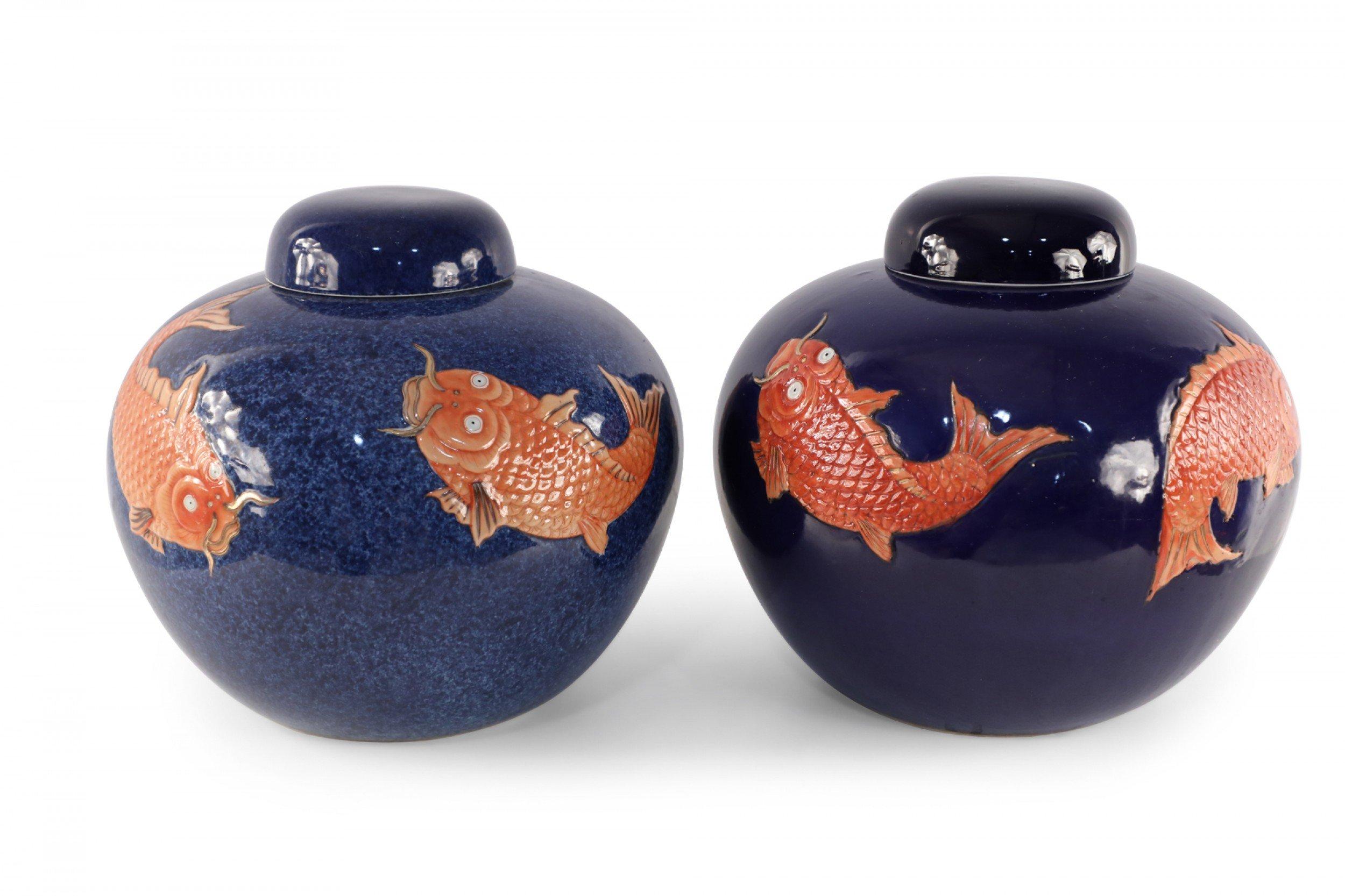 Chinese Blue and Orange Fish Design Round Lidded Porcelain Jars For Sale 3
