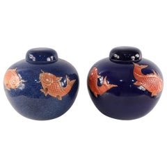 Chinese Blue and Orange Fish Design Round Lidded Porcelain Jars