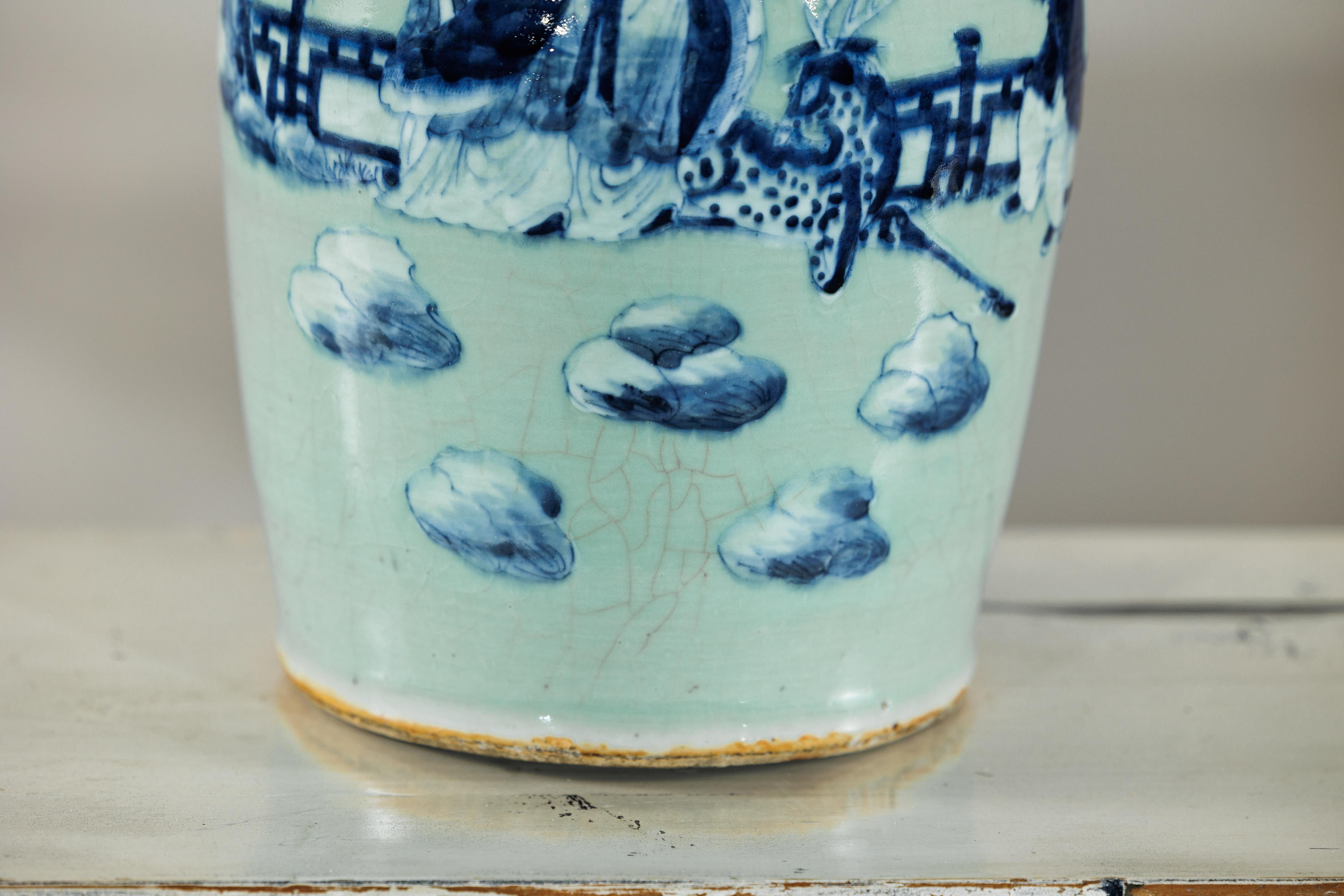 Chinese Blue and White Altar Vase with Immortal Figures and Celadon Tint For Sale 5
