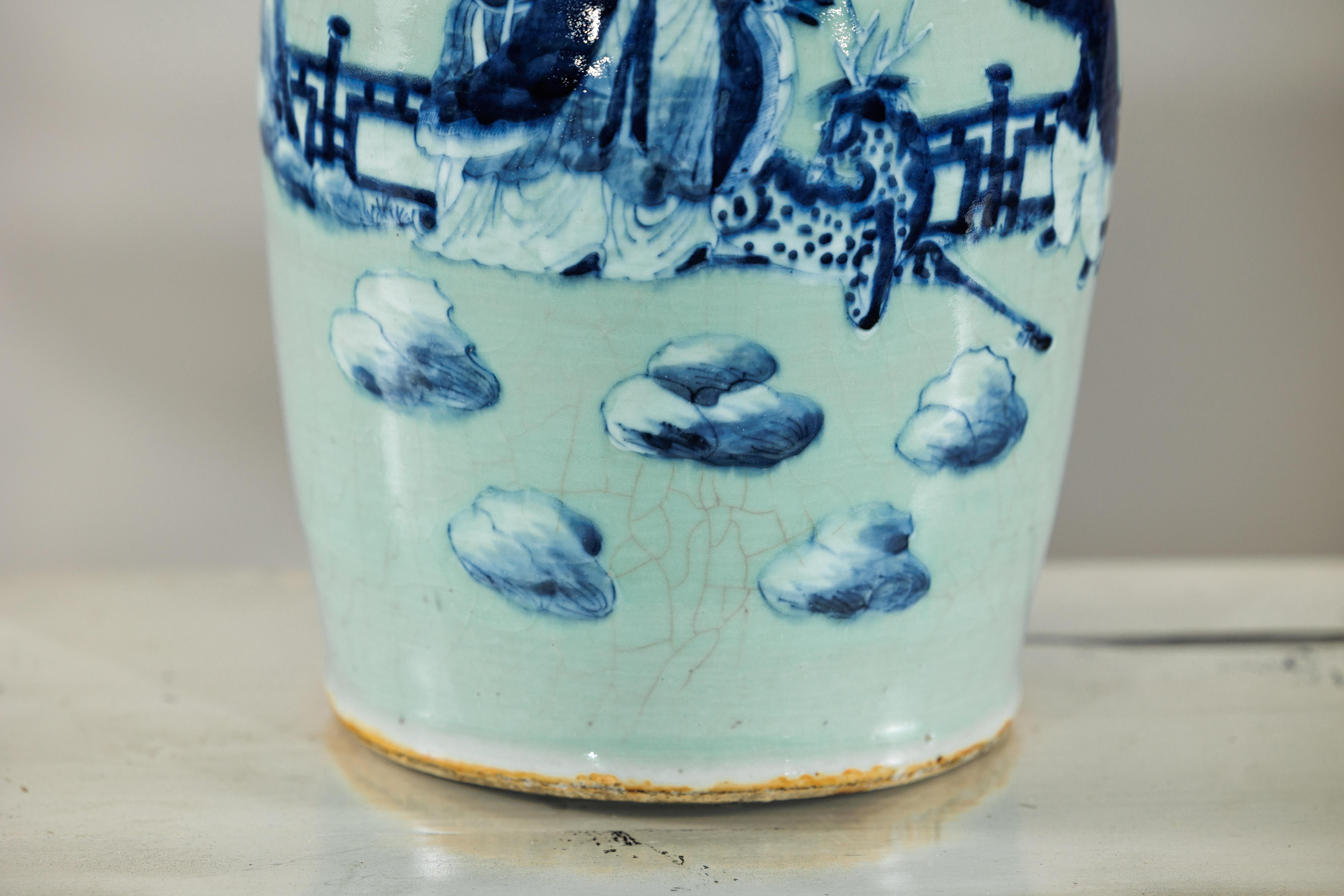 Chinese Blue and White Altar Vase with Immortal Figures and Celadon Tint For Sale 6