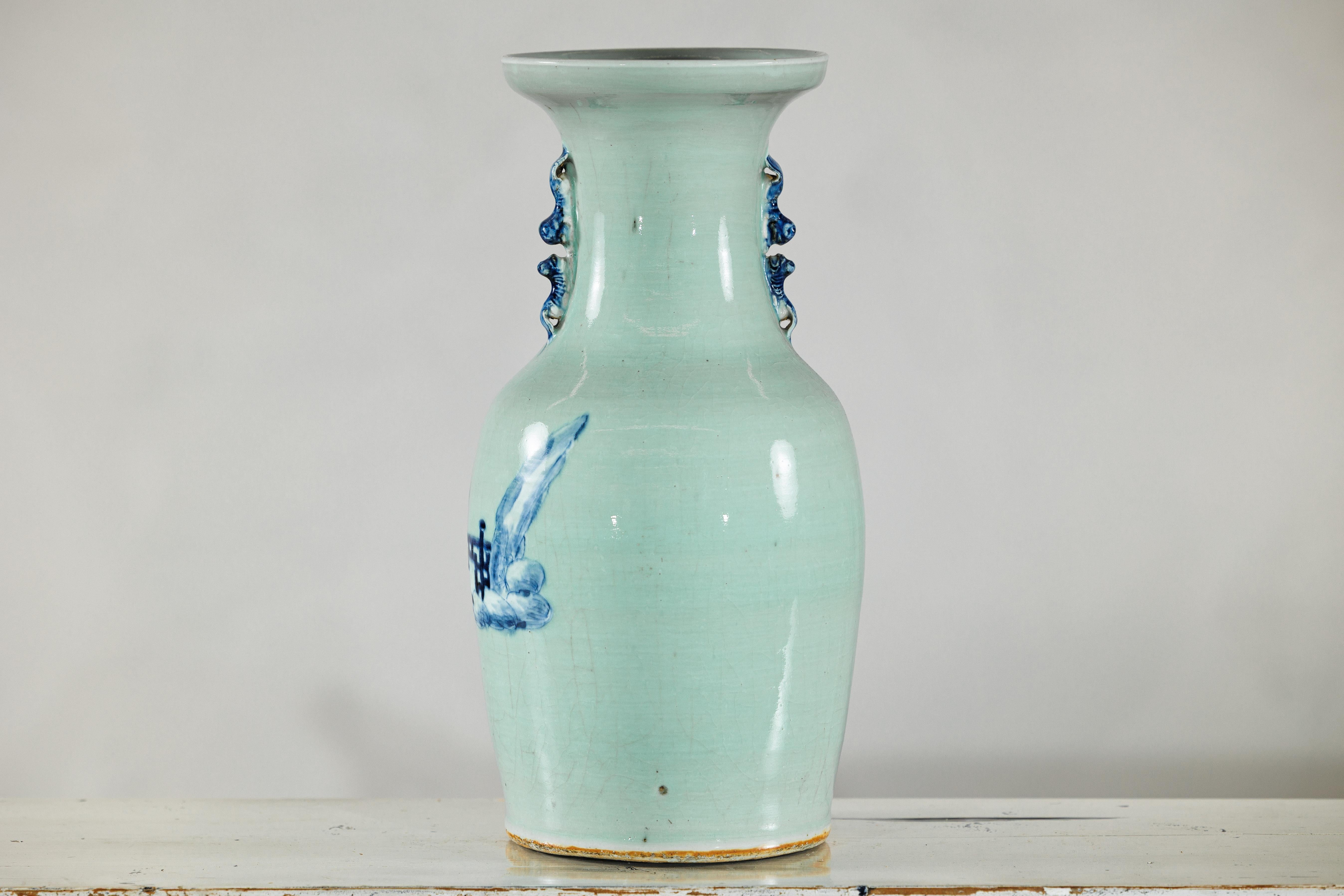 Chinese Blue and White Altar Vase with Immortal Figures and Celadon Tint For Sale 8