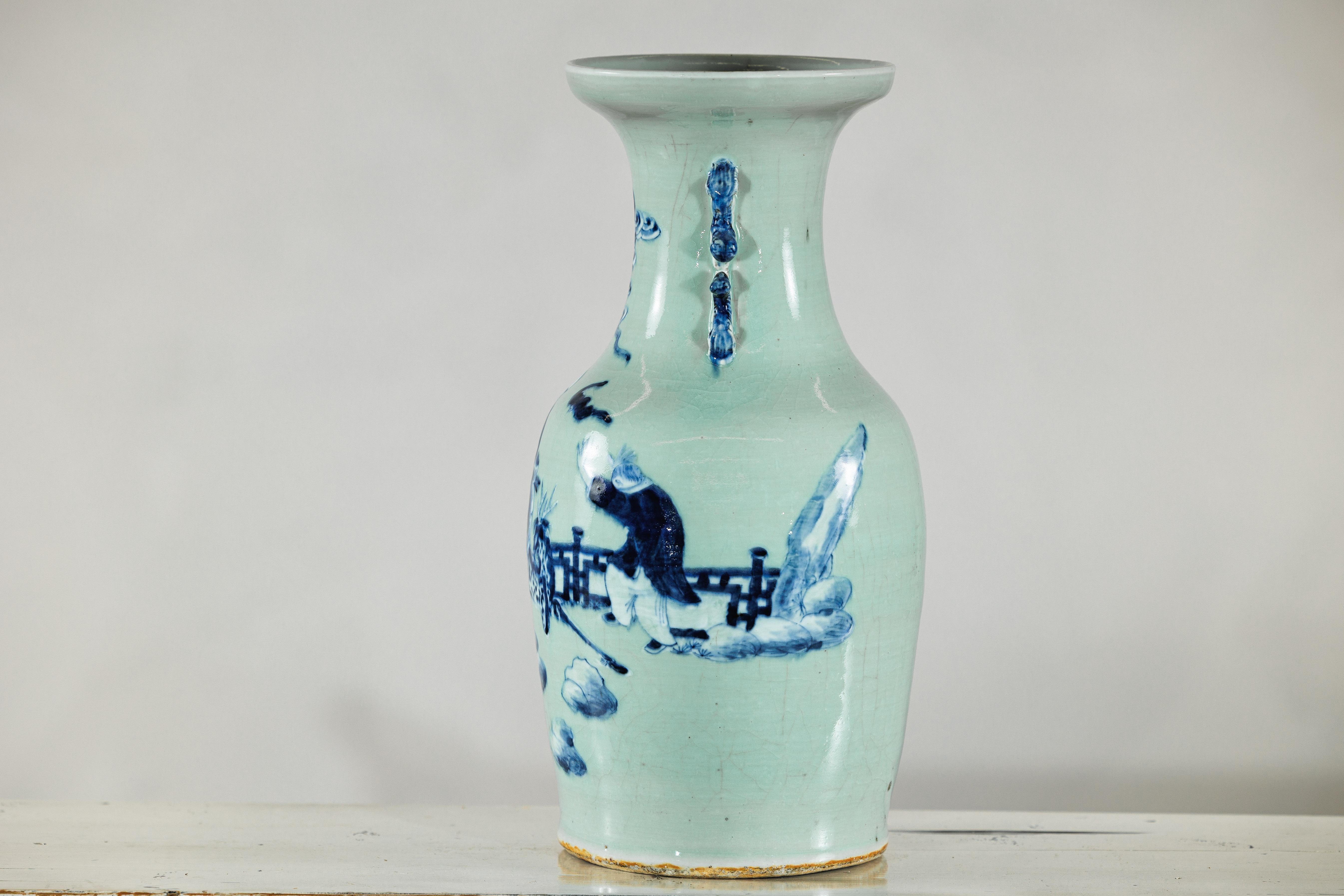 Chinese Blue and White Altar Vase with Immortal Figures and Celadon Tint For Sale 9
