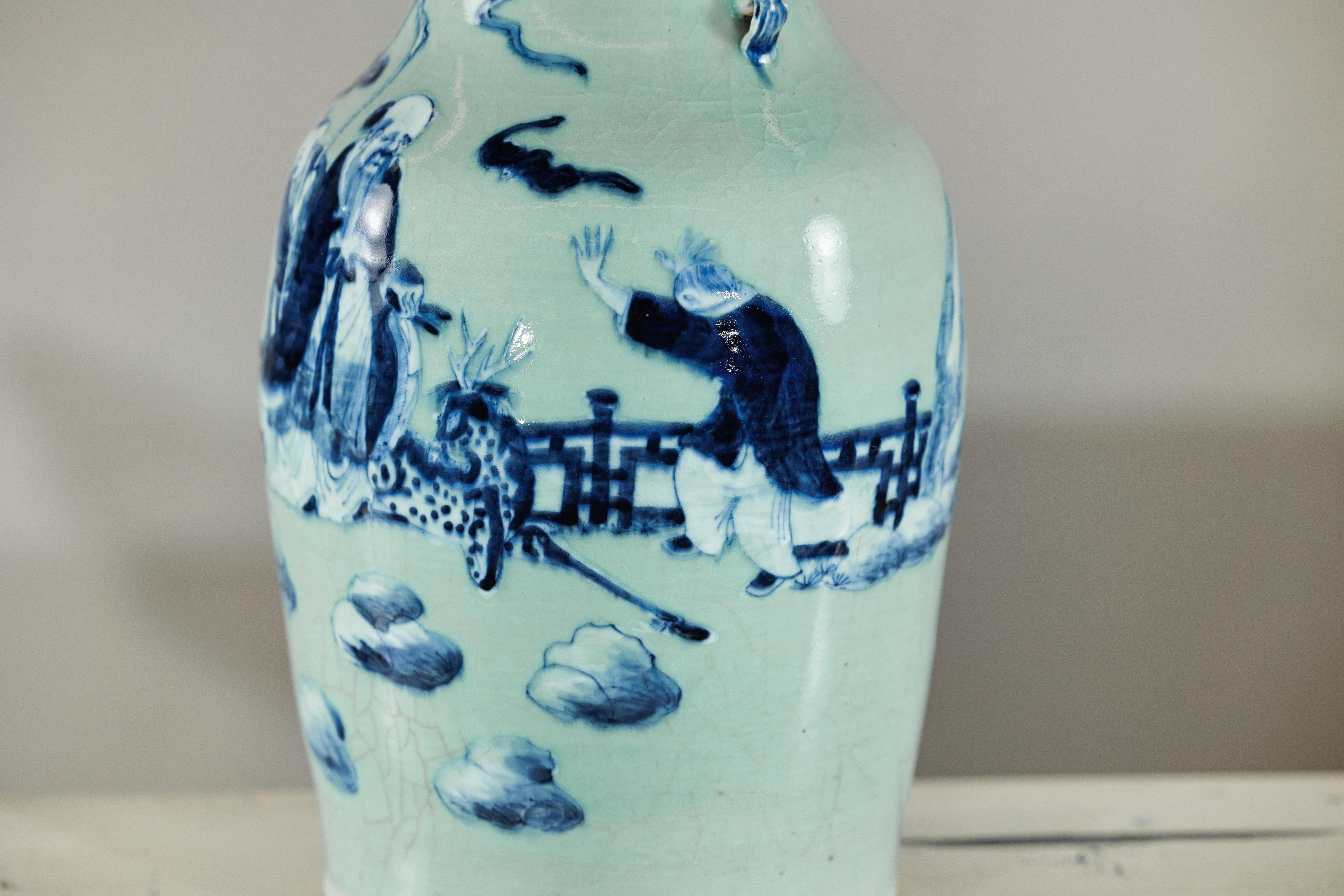 Chinese Blue and White Altar Vase with Immortal Figures and Celadon Tint For Sale 10