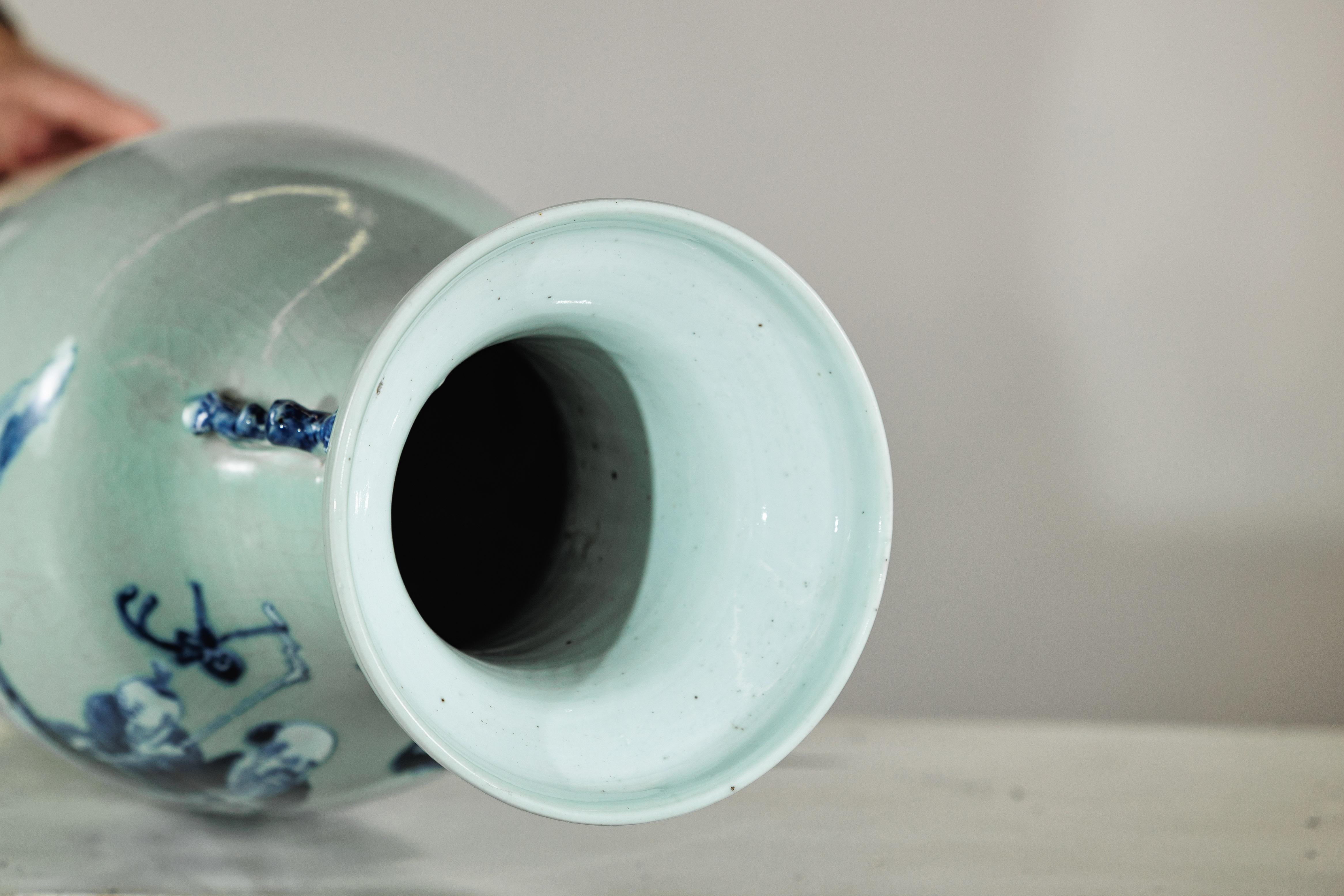 Chinese Blue and White Altar Vase with Immortal Figures and Celadon Tint For Sale 11