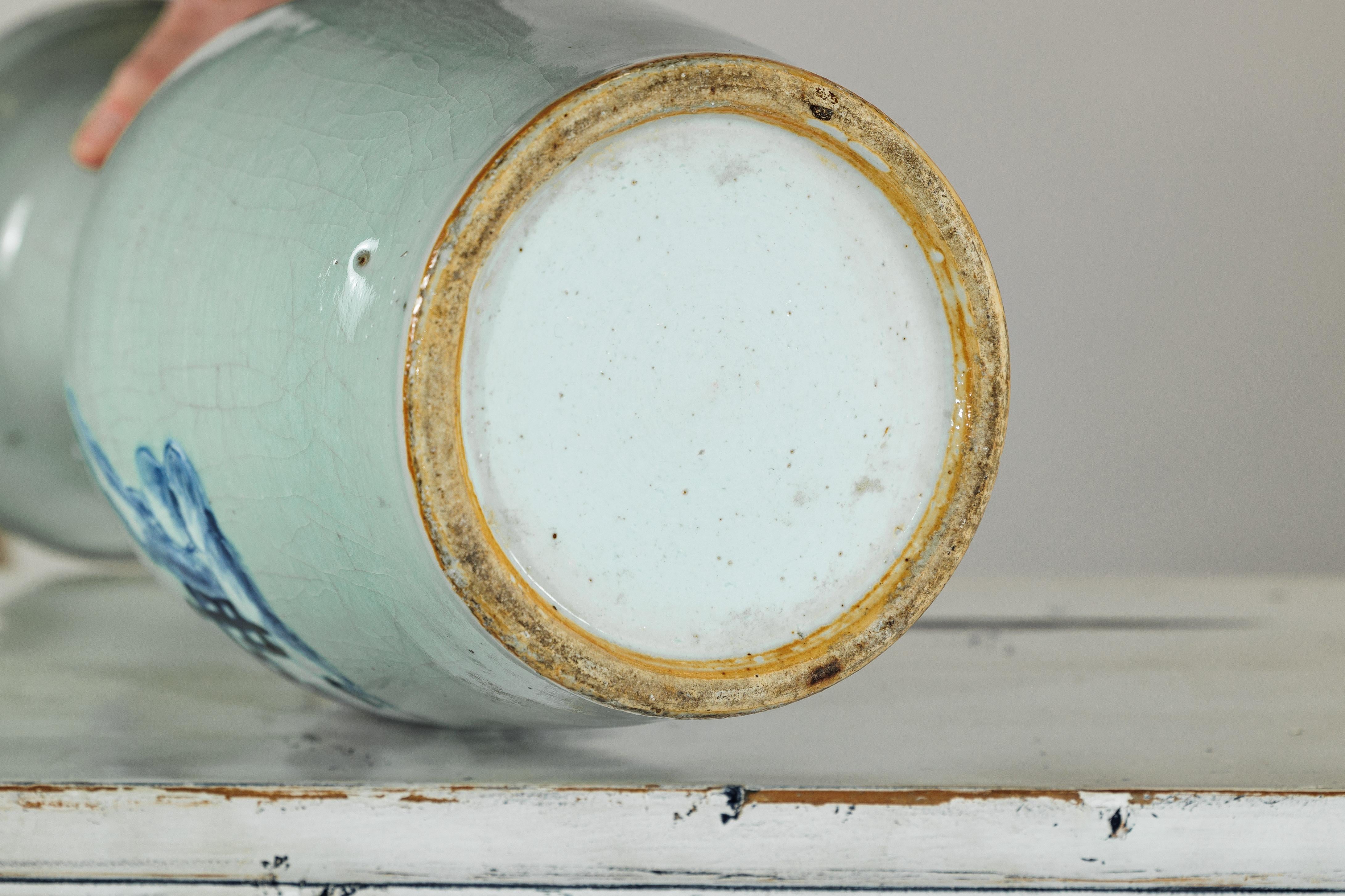 Chinese Blue and White Altar Vase with Immortal Figures and Celadon Tint For Sale 12