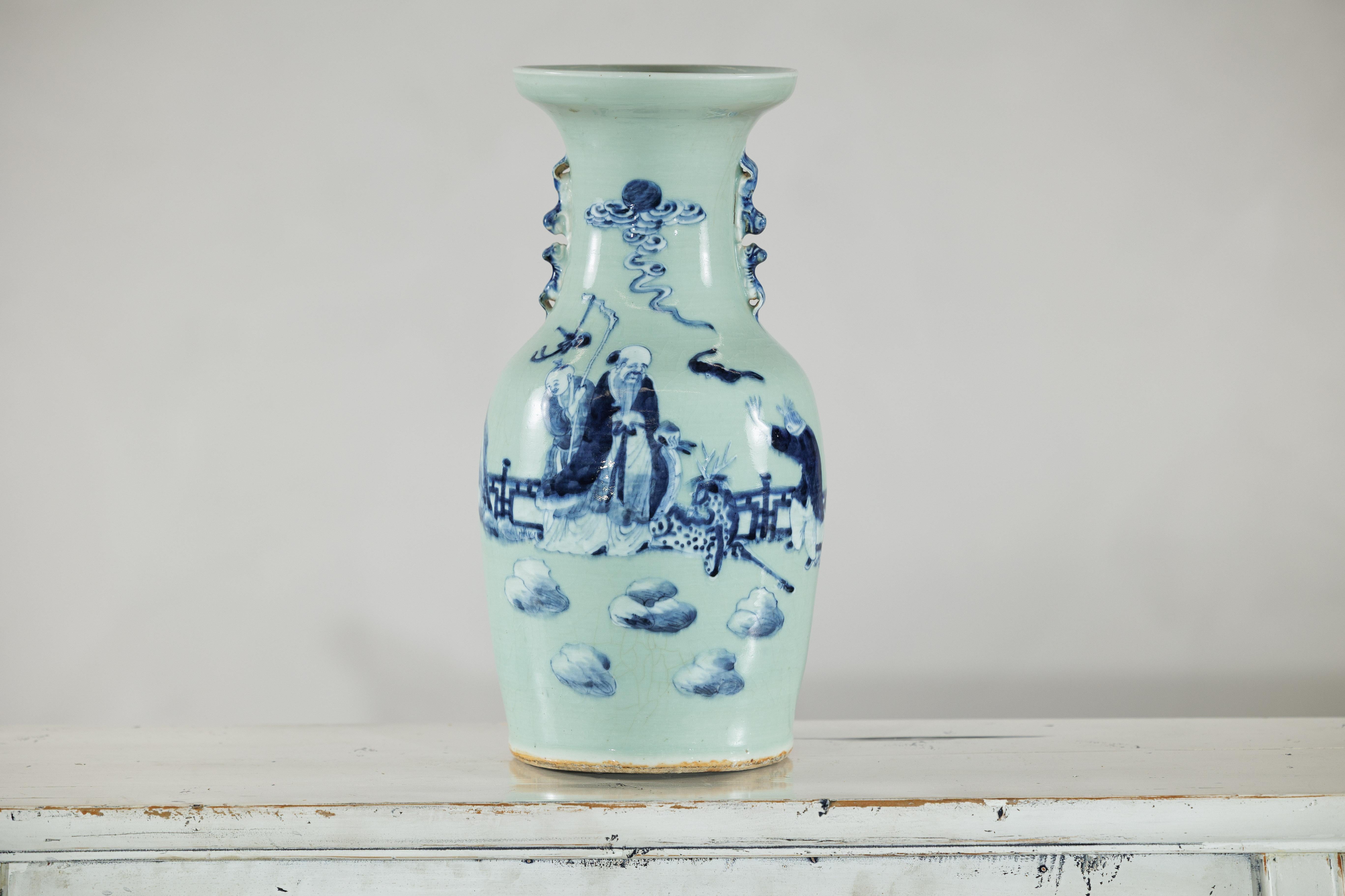 Chinese Blue and White Altar Vase with Immortal Figures and Celadon Tint For Sale 13