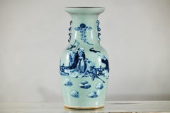 Chinese Blue and White Altar Vase with Immortal Figures and Celadon Tint