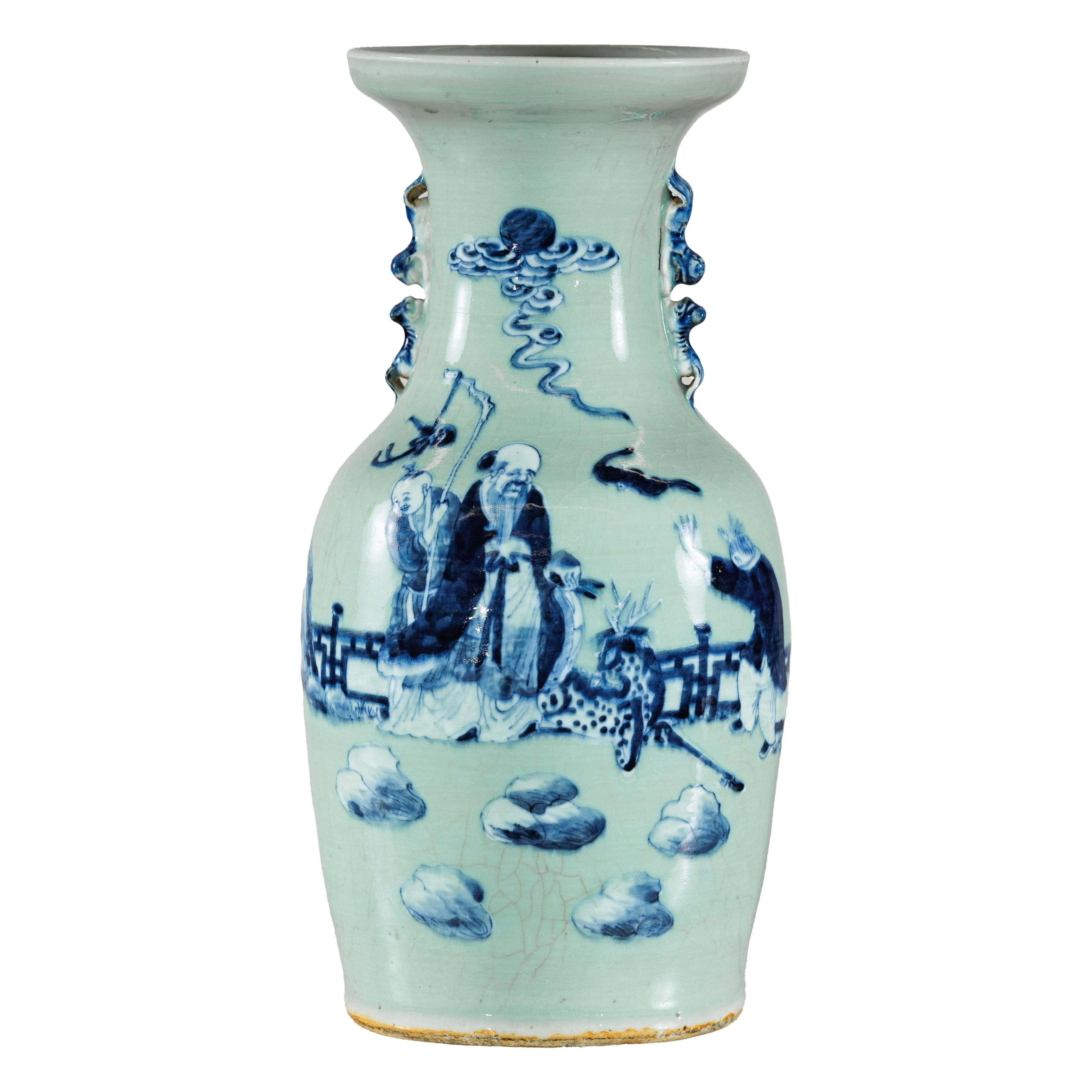 Chinese Blue and White Altar Vase with Immortal Figures and Celadon Tint For Sale 14