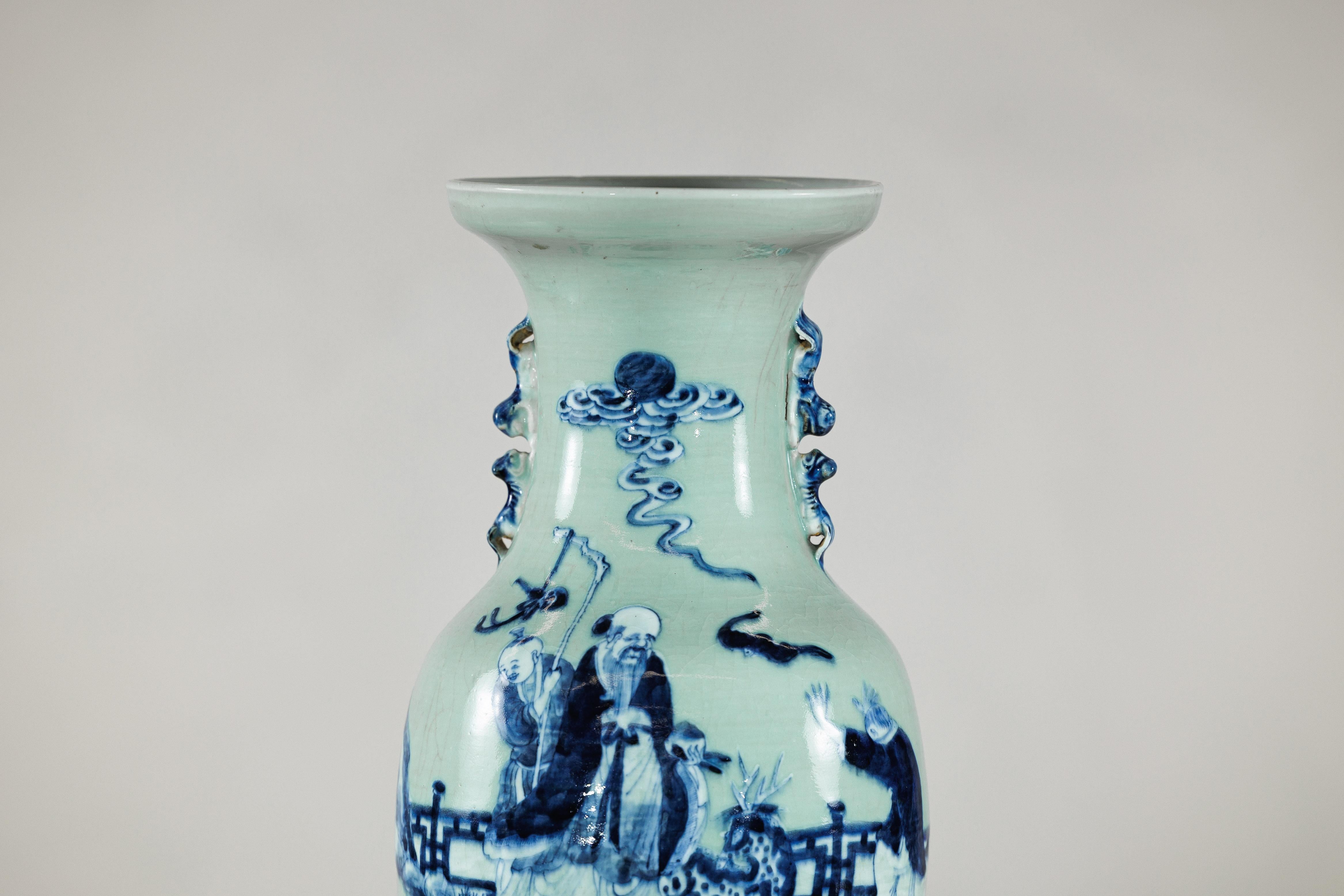Glazed Chinese Blue and White Altar Vase with Immortal Figures and Celadon Tint For Sale