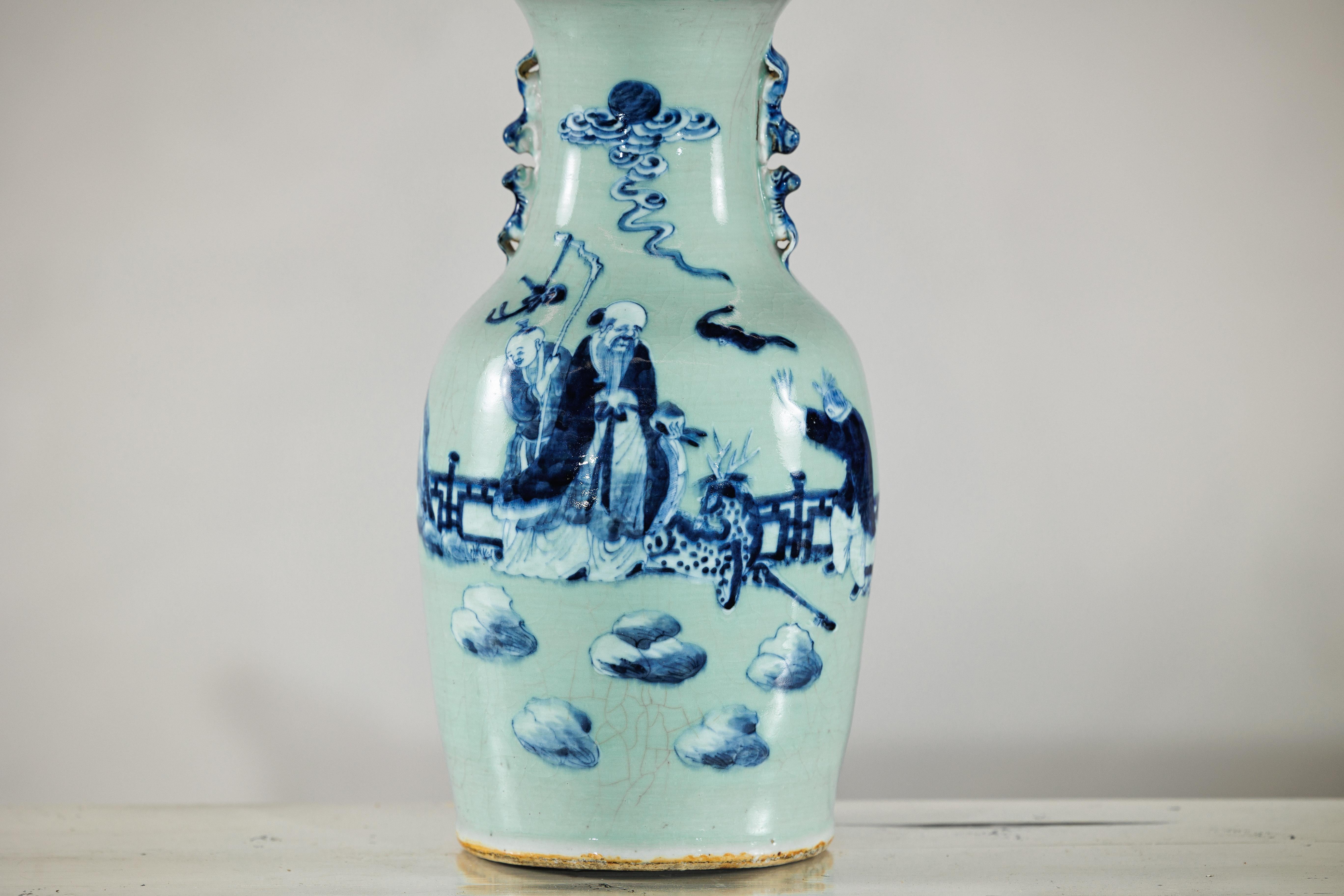 Chinese Blue and White Altar Vase with Immortal Figures and Celadon Tint In Good Condition For Sale In Yonkers, NY