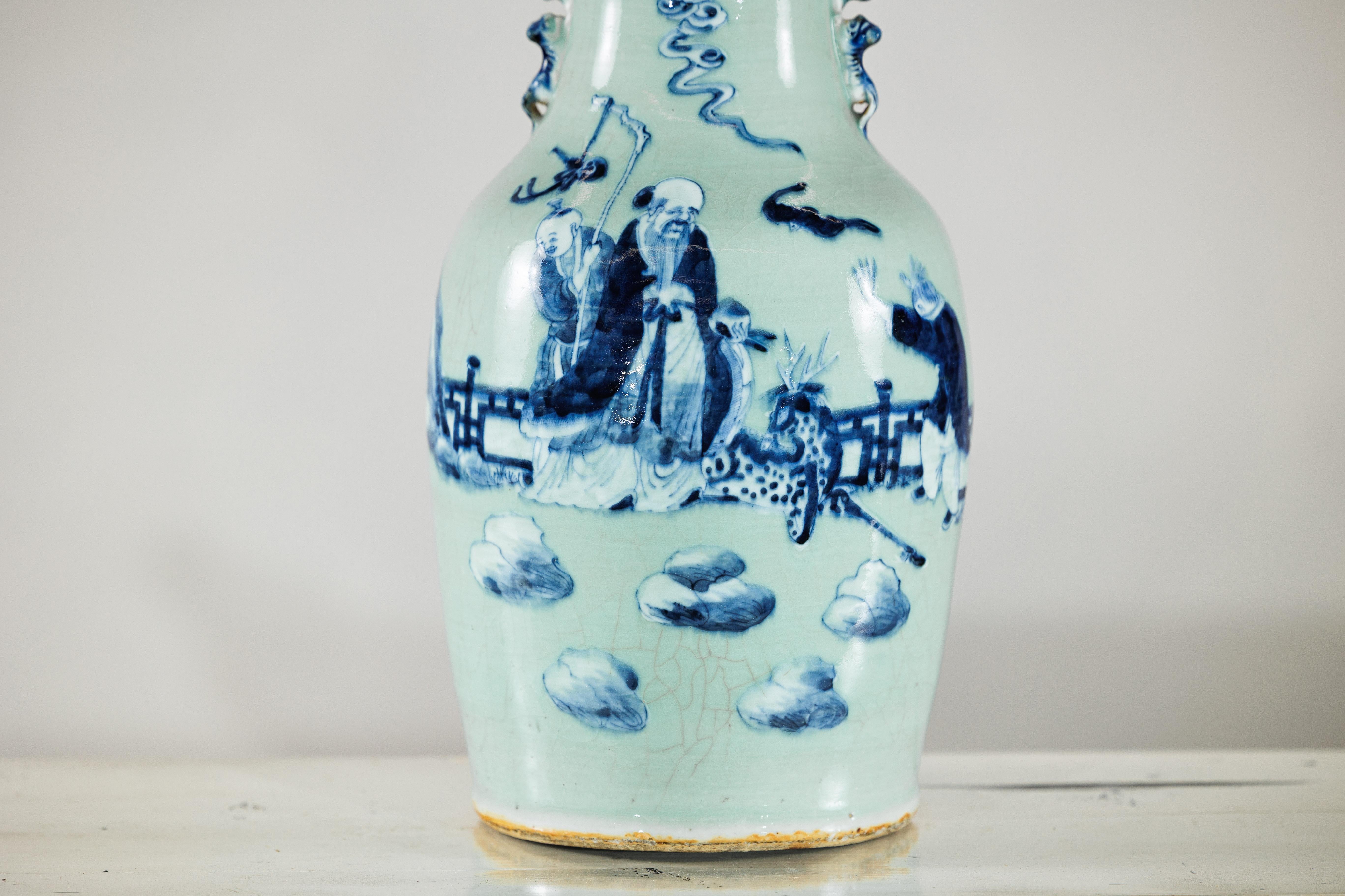 20th Century Chinese Blue and White Altar Vase with Immortal Figures and Celadon Tint For Sale