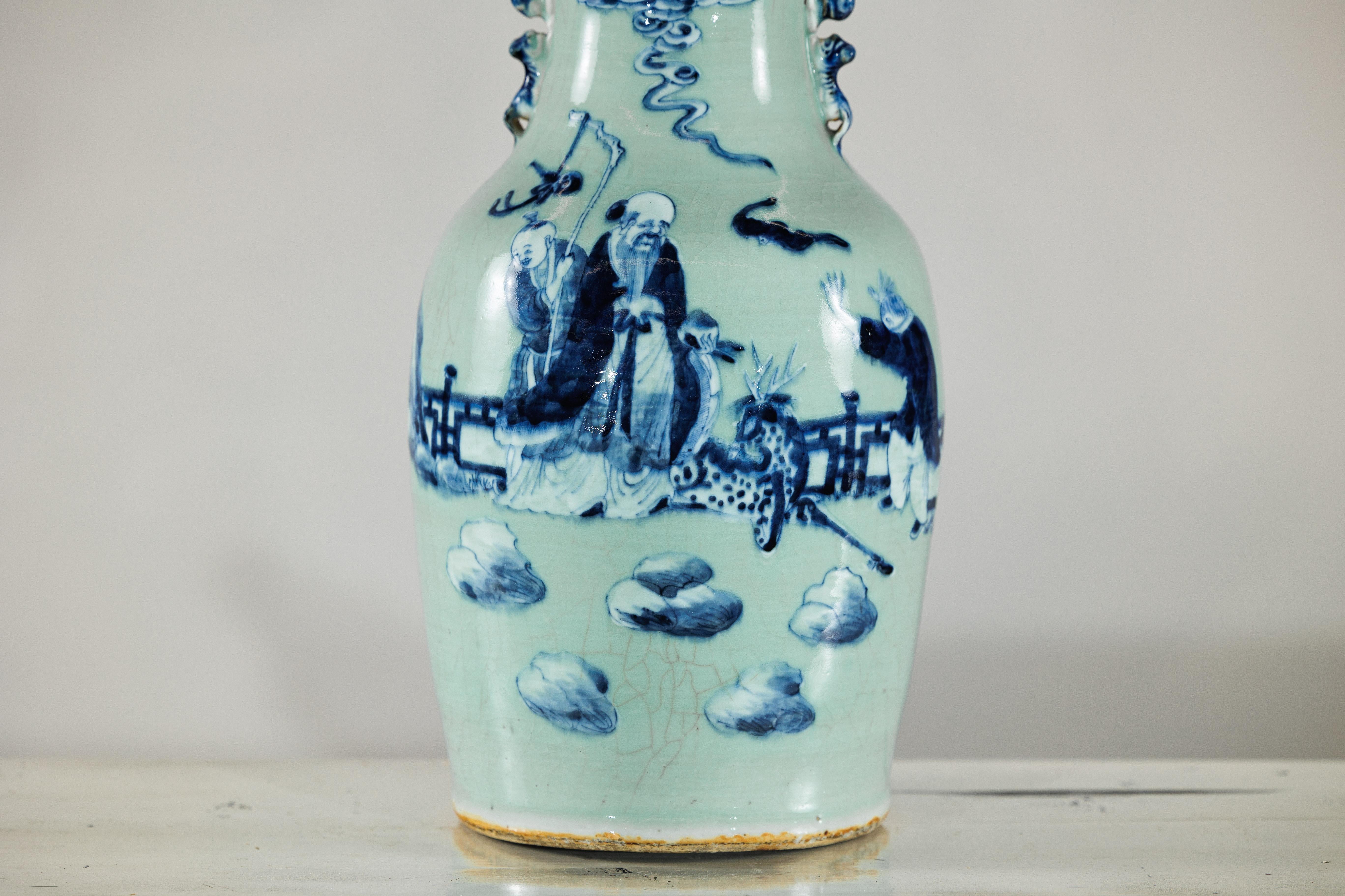 Chinese Blue and White Altar Vase with Immortal Figures and Celadon Tint For Sale 1
