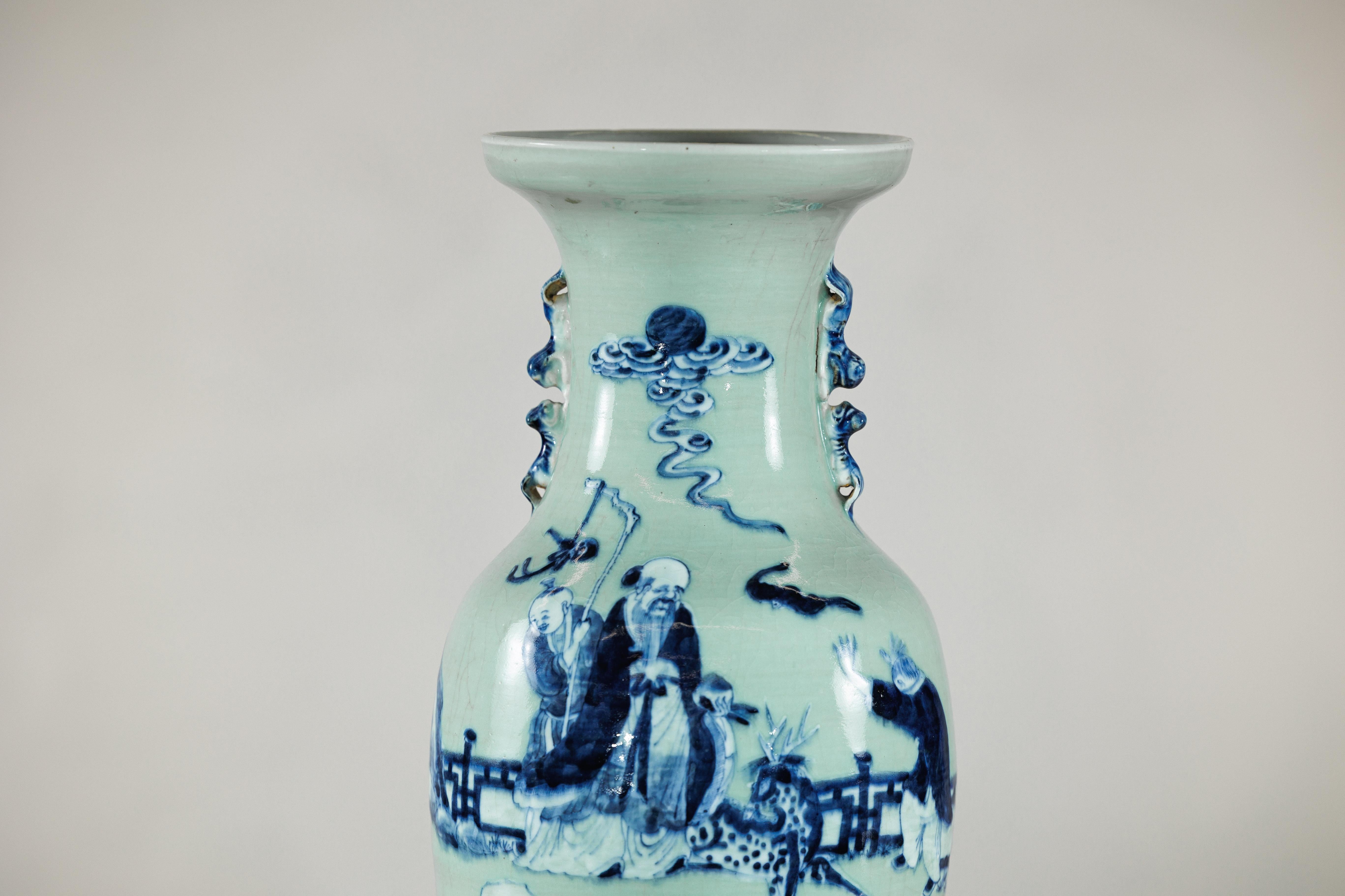 Chinese Blue and White Altar Vase with Immortal Figures and Celadon Tint For Sale 2