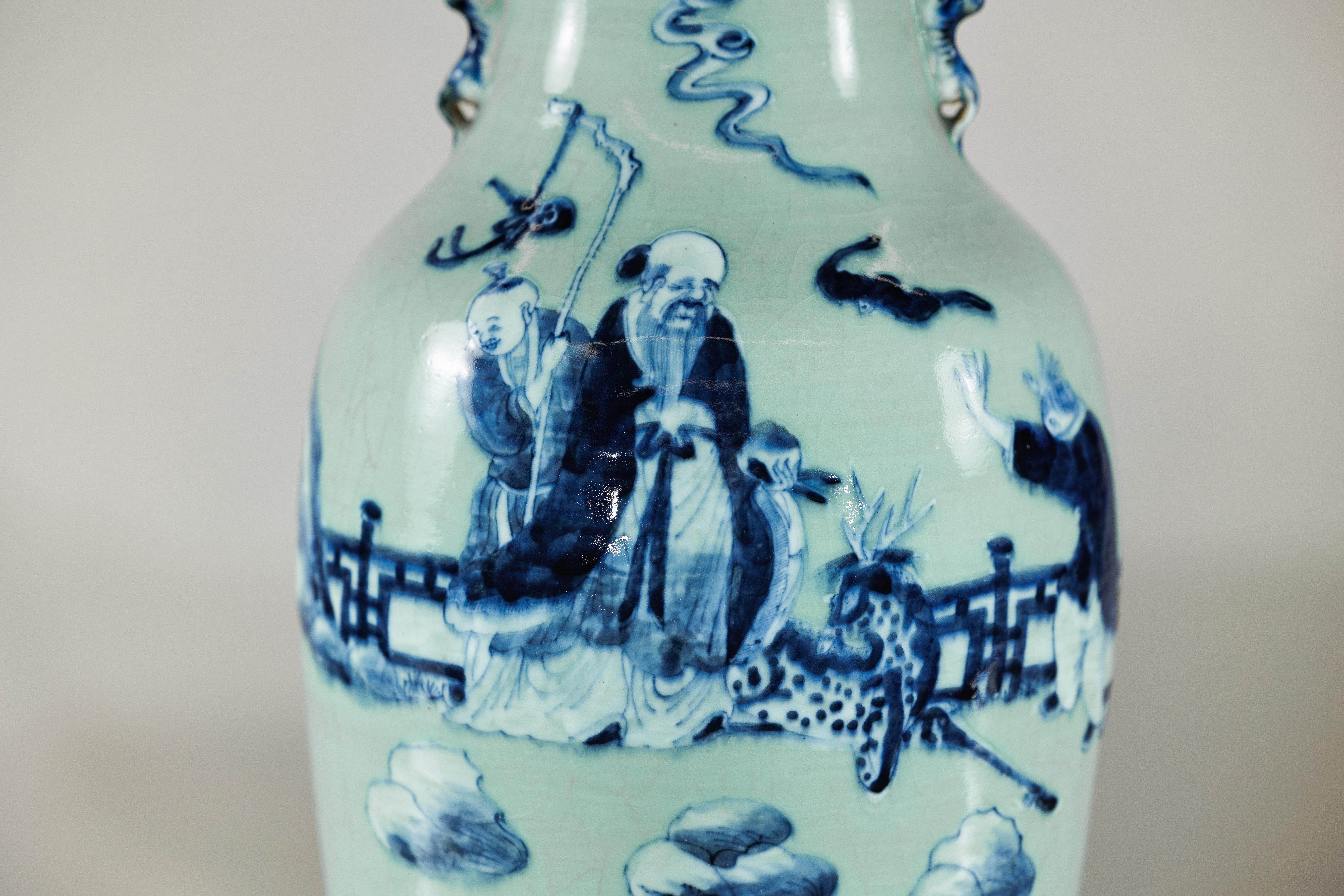 Chinese Blue and White Altar Vase with Immortal Figures and Celadon Tint For Sale 3