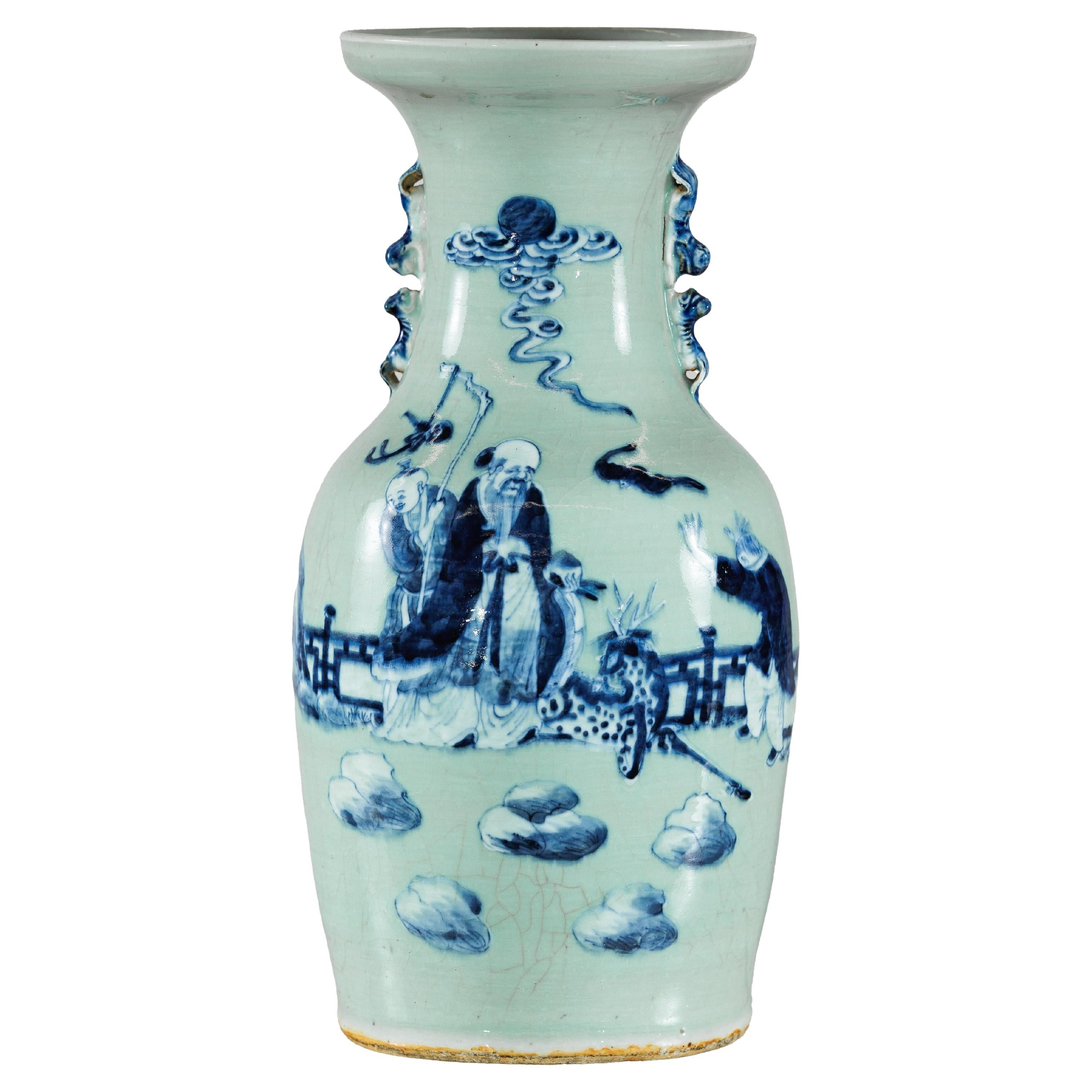Chinese Blue and White Altar Vase with Immortal Figures and Celadon Tint For Sale