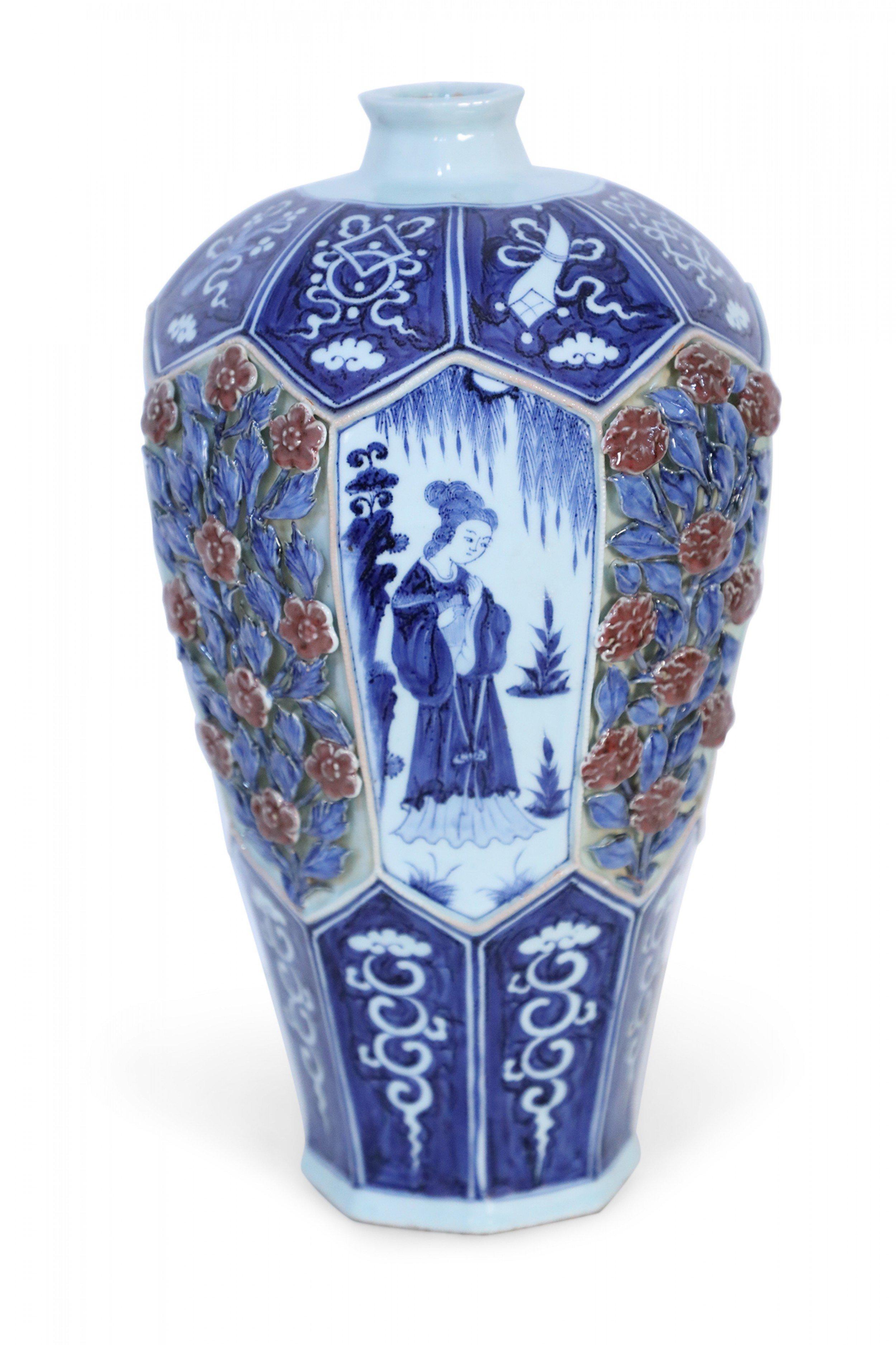 Chinese Blue and White and Raised Rose Pattern Octagonal Porcelain Vase In Good Condition In New York, NY