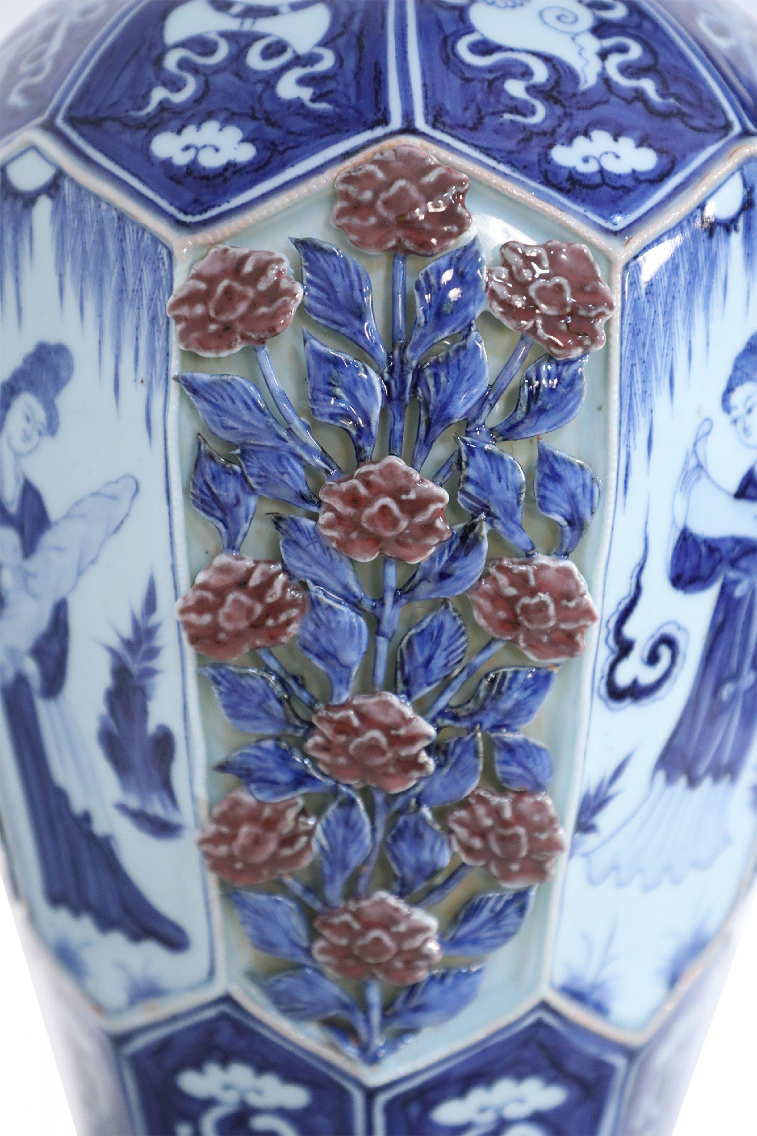 Chinese Blue and White and Raised Rose Pattern Octagonal Porcelain Vase 2