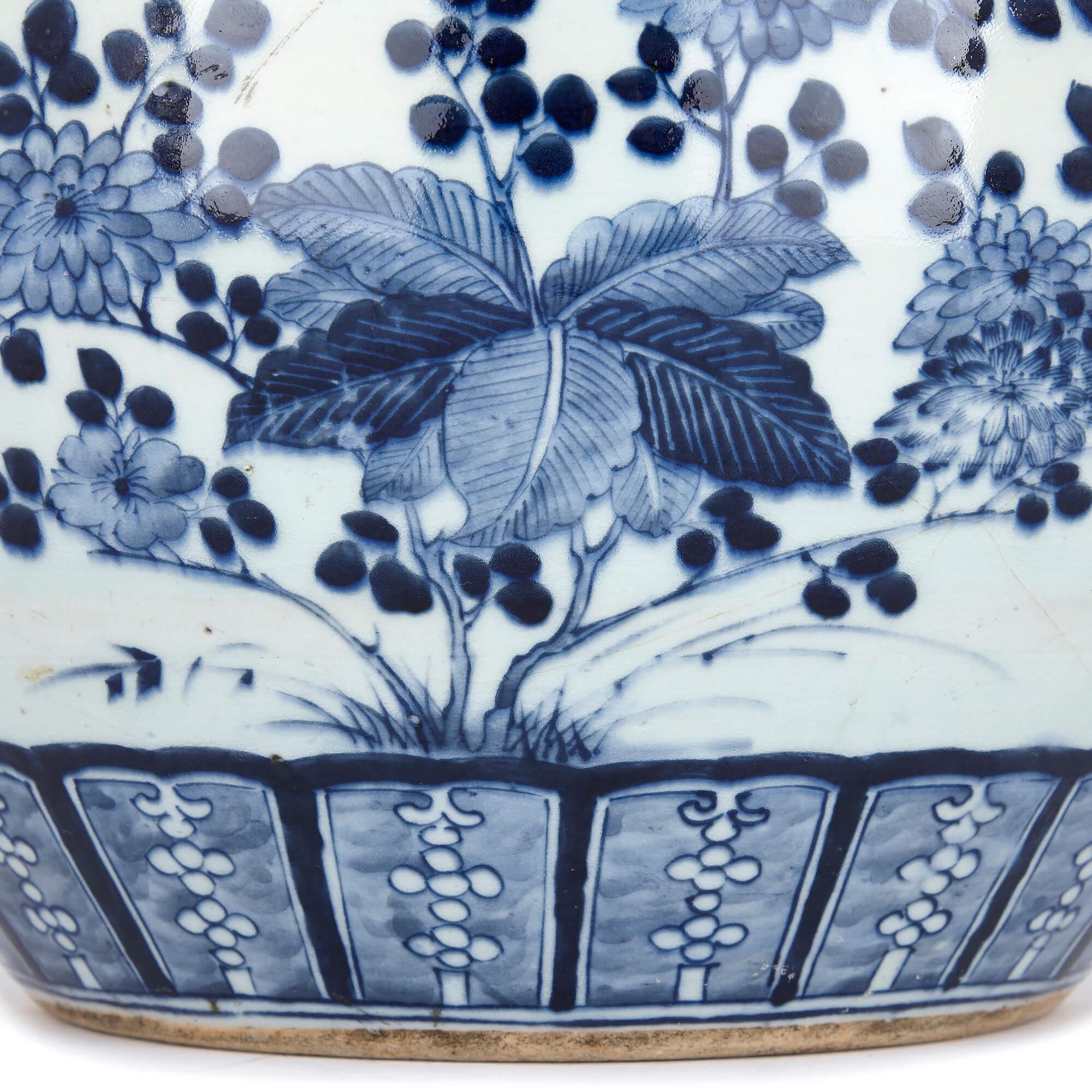 20th Century Chinese Blue and White Antique Ceramic Jardiniere with Floral Designs