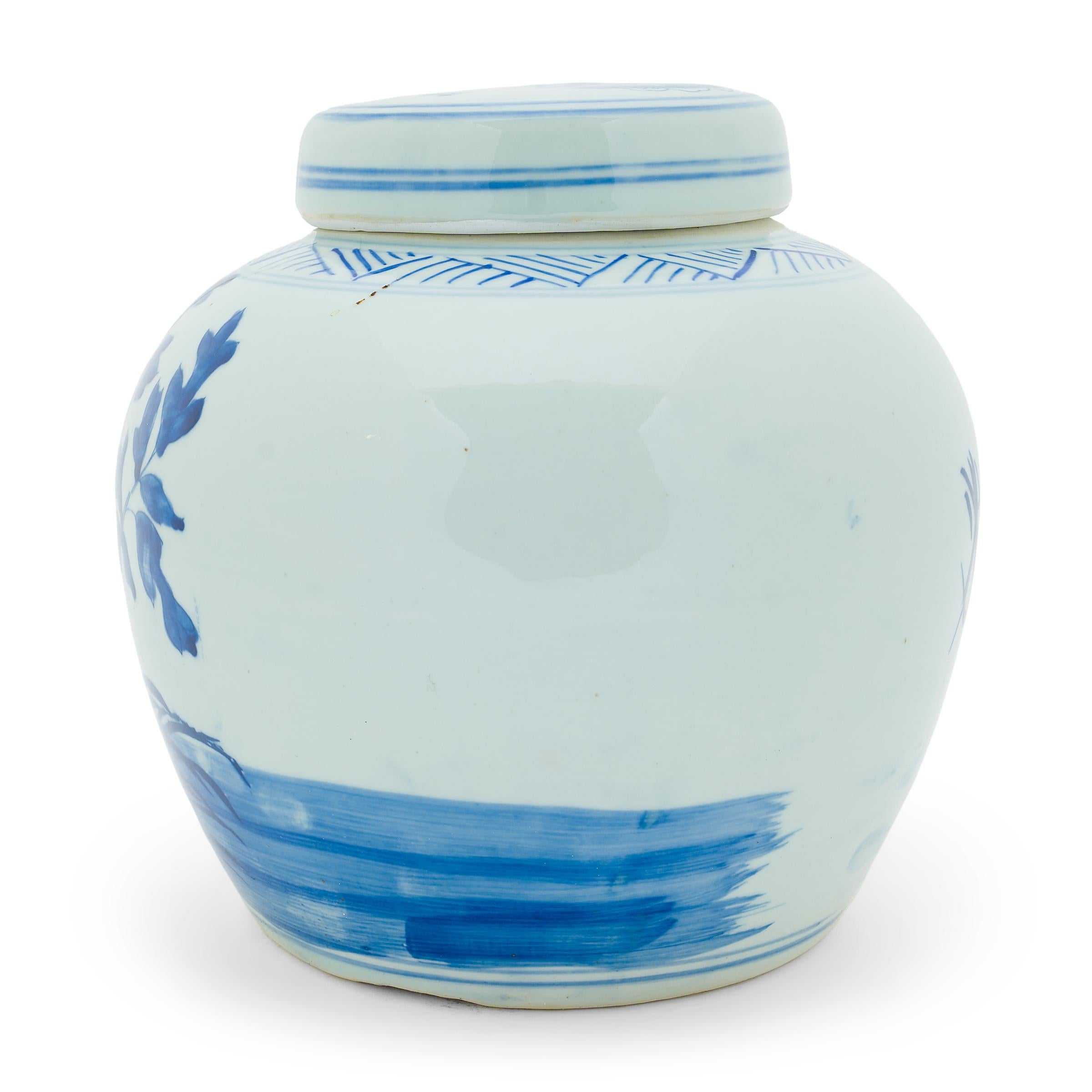 Glazed in the classic blue-and-white manner, this rounded jar is a celebration of spring. Framed by a triangle-work border, the jar is festooned with peony blossoms, emblems of spring and symbols of love, affection, and feminine beauty. The dark