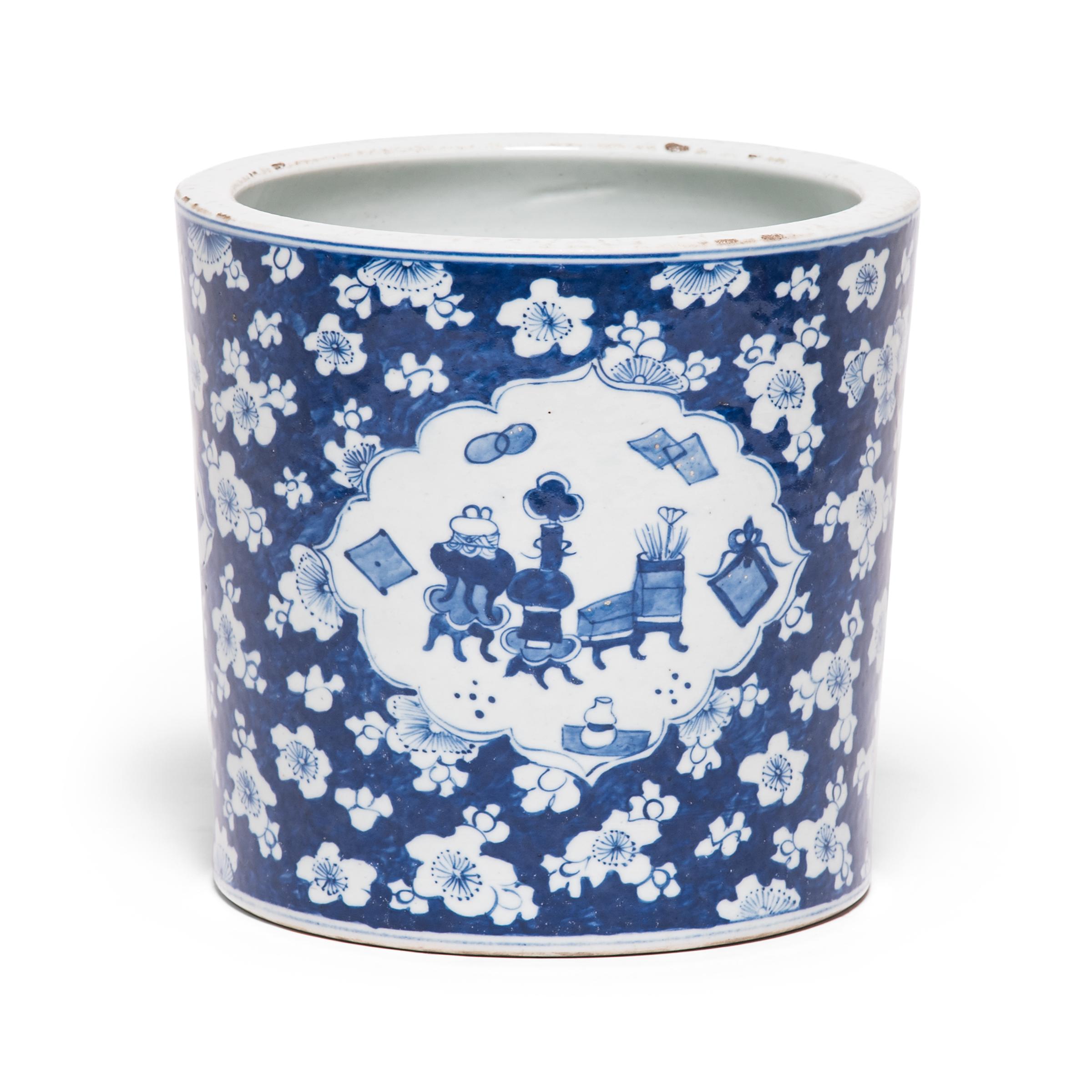 Glazed Chinese Blue and White Auspicious Brush Pot