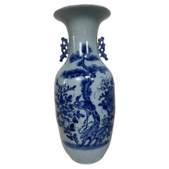Chinese Blue and White Baluster Form Urn or Vase with Crane and Tree Motif