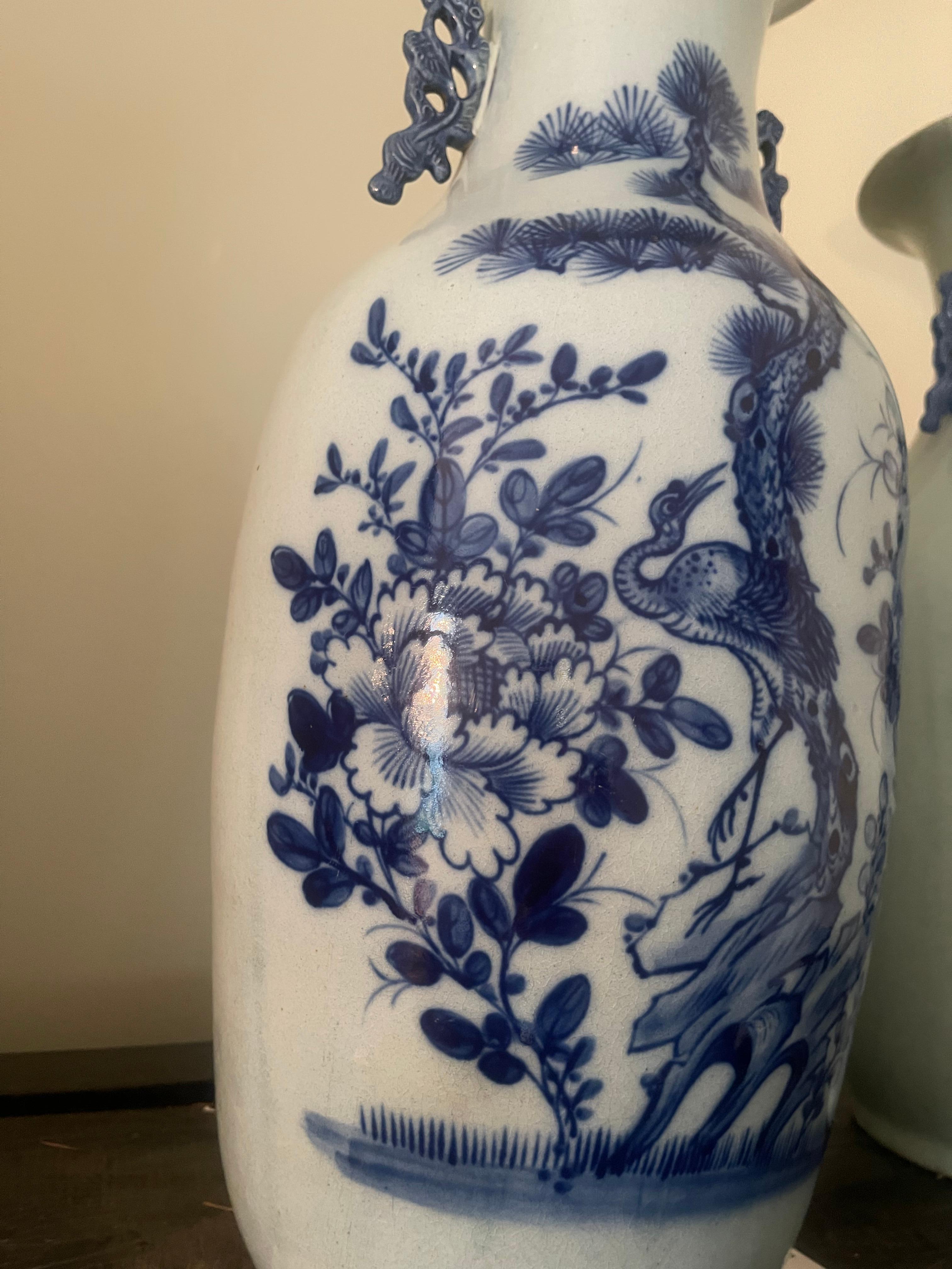 Hand-Painted Chinese Blue and White Baluster Form Urn or Vase with Crane and Tree Motif For Sale