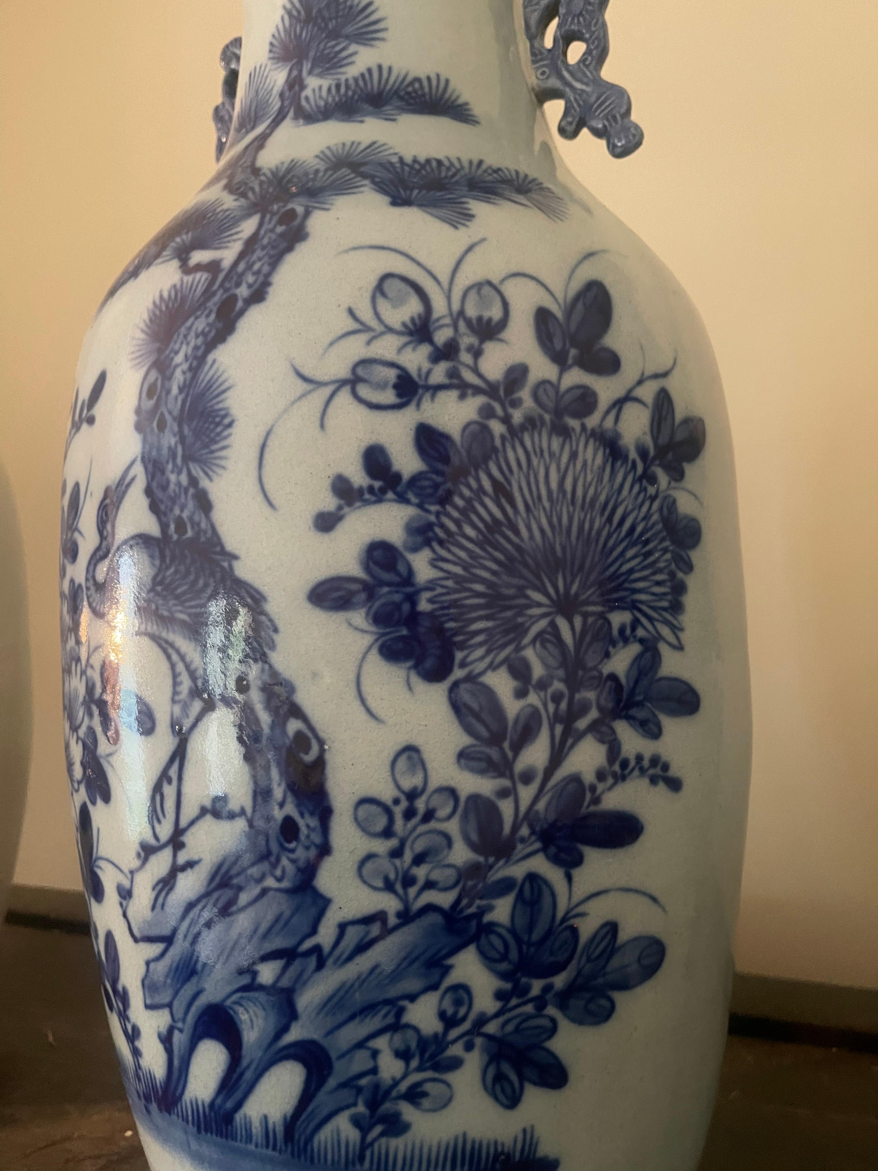 Chinese Blue and White Baluster Form Urn or Vase with Crane and Tree Motif In Good Condition For Sale In Essex, MA