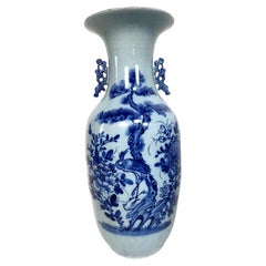 Chinese Blue and White Baluster Form Urn or Vase with Crane and Tree Motif