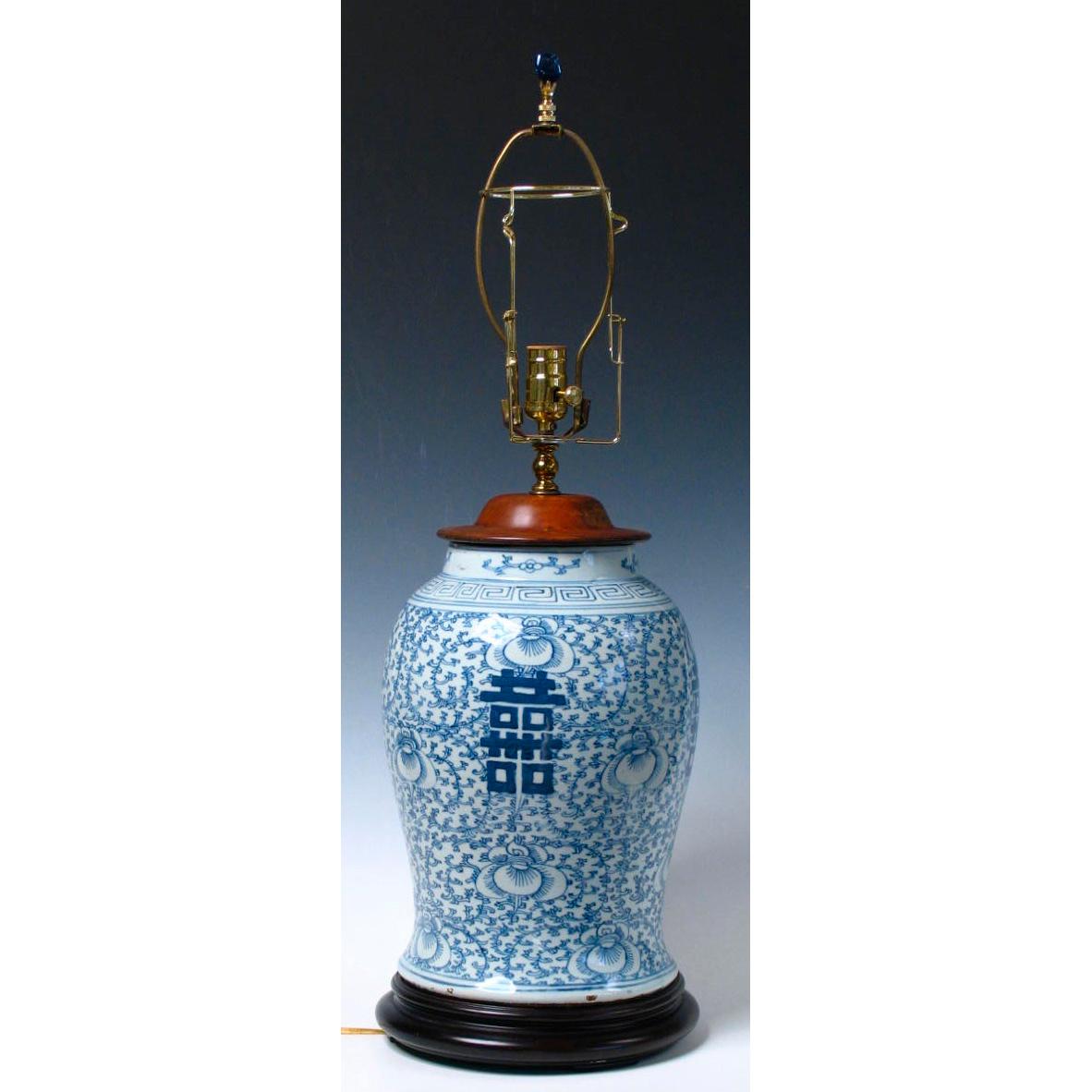 Glazed Chinese Blue and White Baluster Vase Table Lamp  For Sale