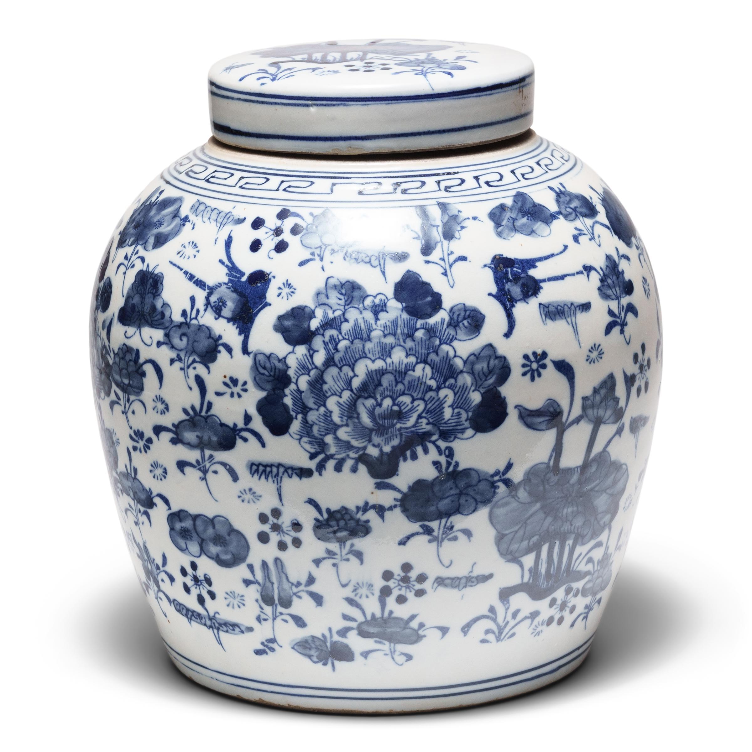 Glazed Chinese Blue and White Botanical Jar