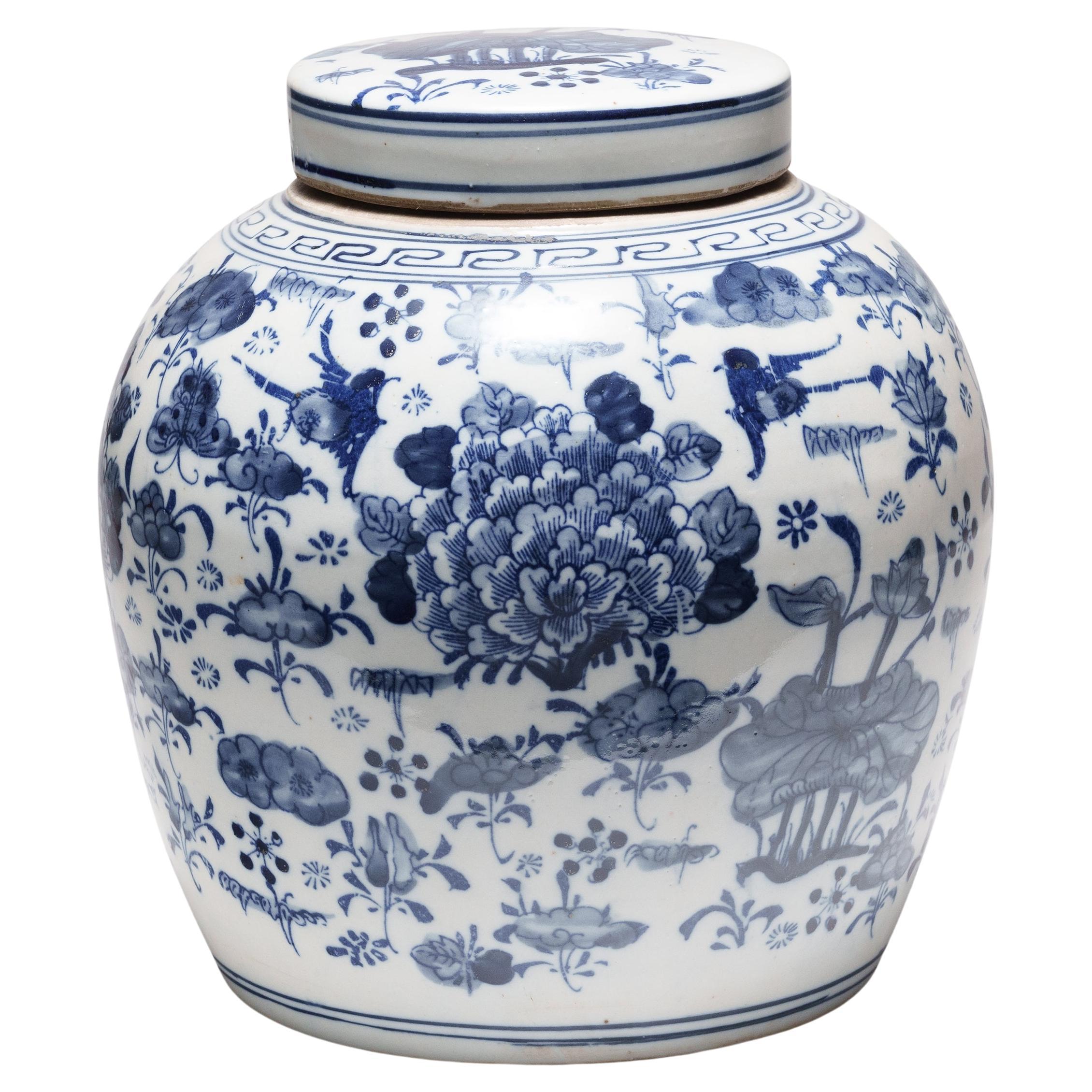 Chinese Blue and White Botanical Jar