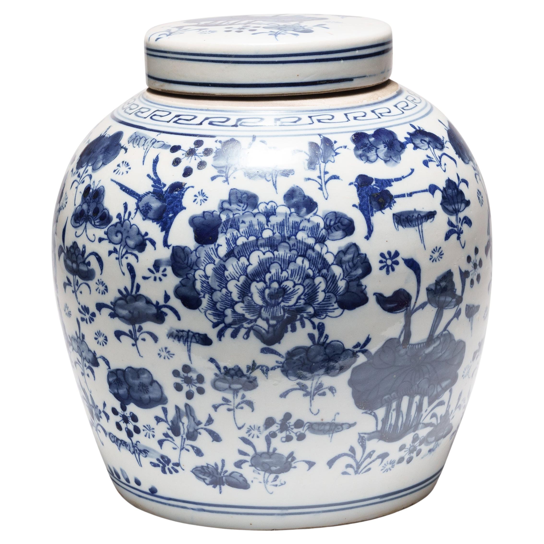 Chinese Blue and White Botanical Jar