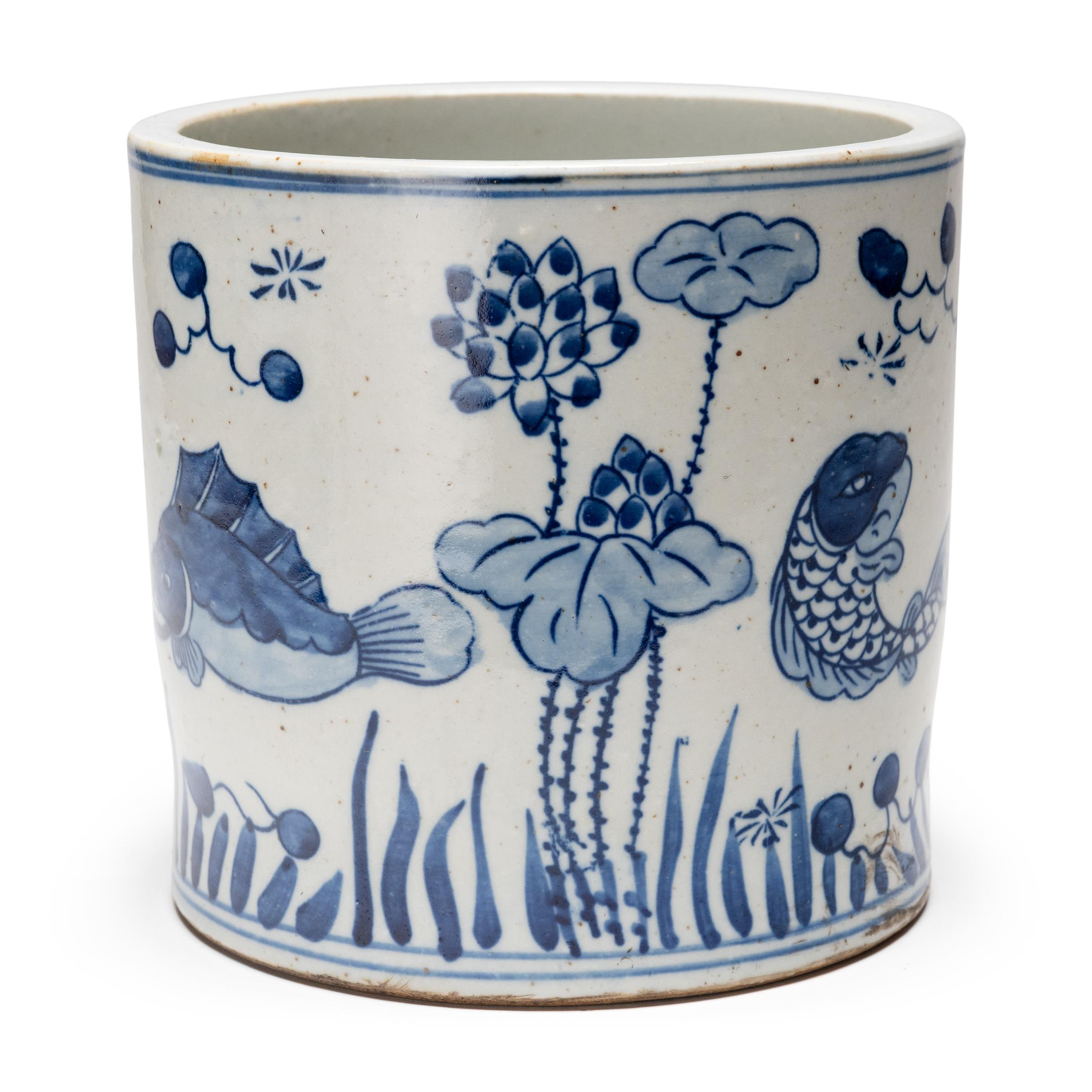 Chinese Export Blue and White Brush Pot with Fish & Flora