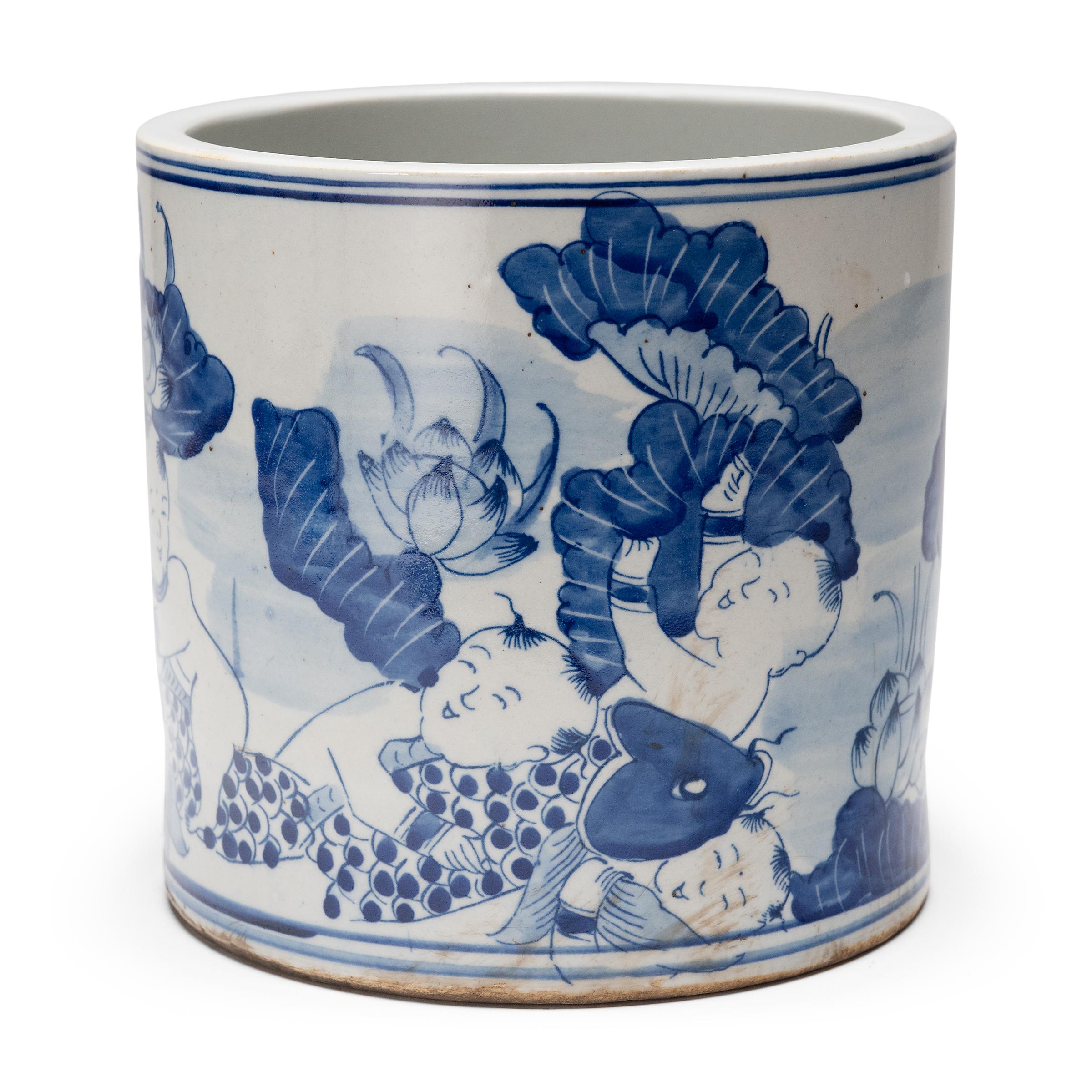 Chinese Export Blue and White Brush Pot with Koi & Lotus