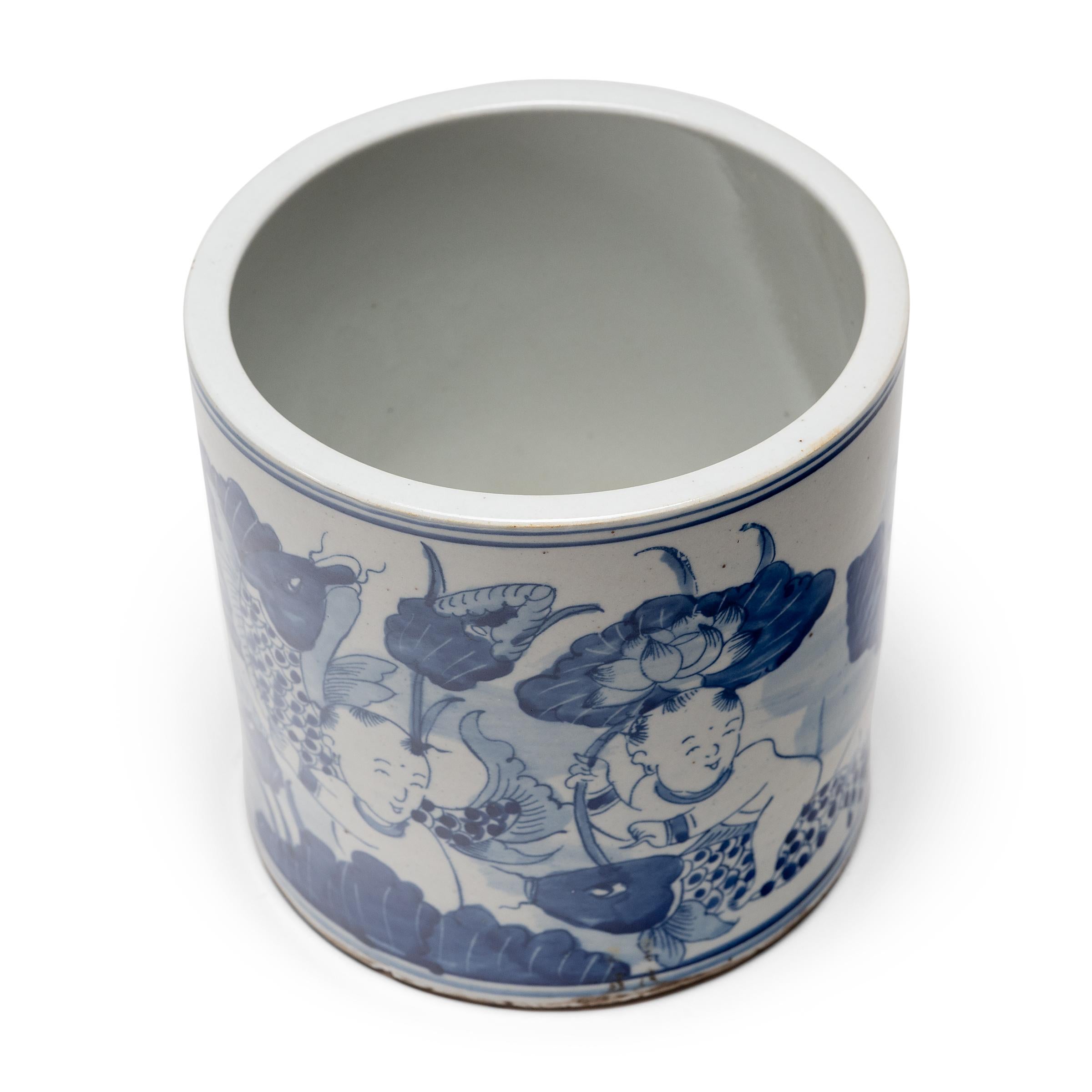 Chinese Blue and White Brush Pot with Koi & Lotus